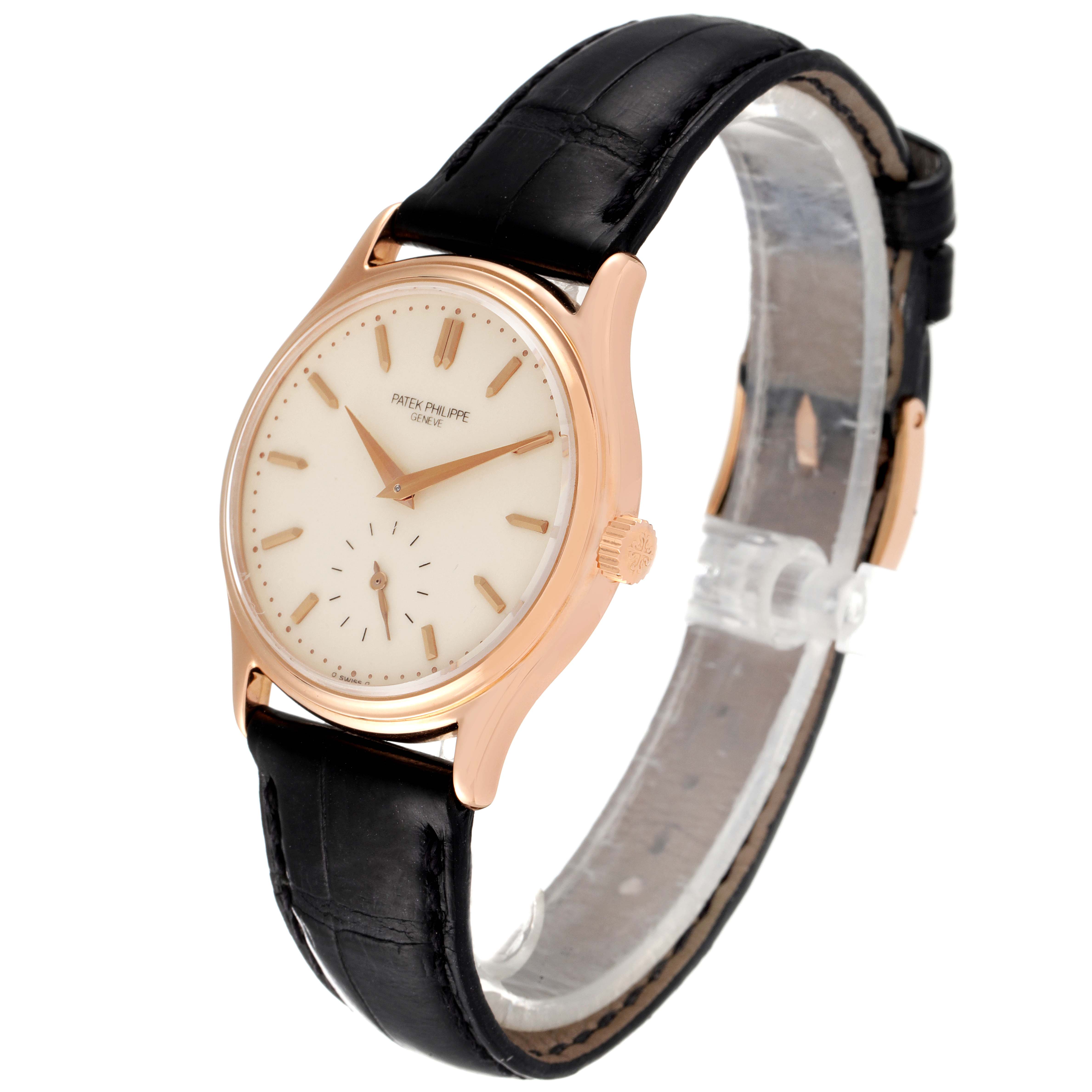 This image shows a Patek Philippe Calatrava 3923R Men's Rose Gold Silver Dial 3923R Men's Rose Gold Silver Dial watch at a three-quarter angle, highlighting its dial, case, crown, and strap.