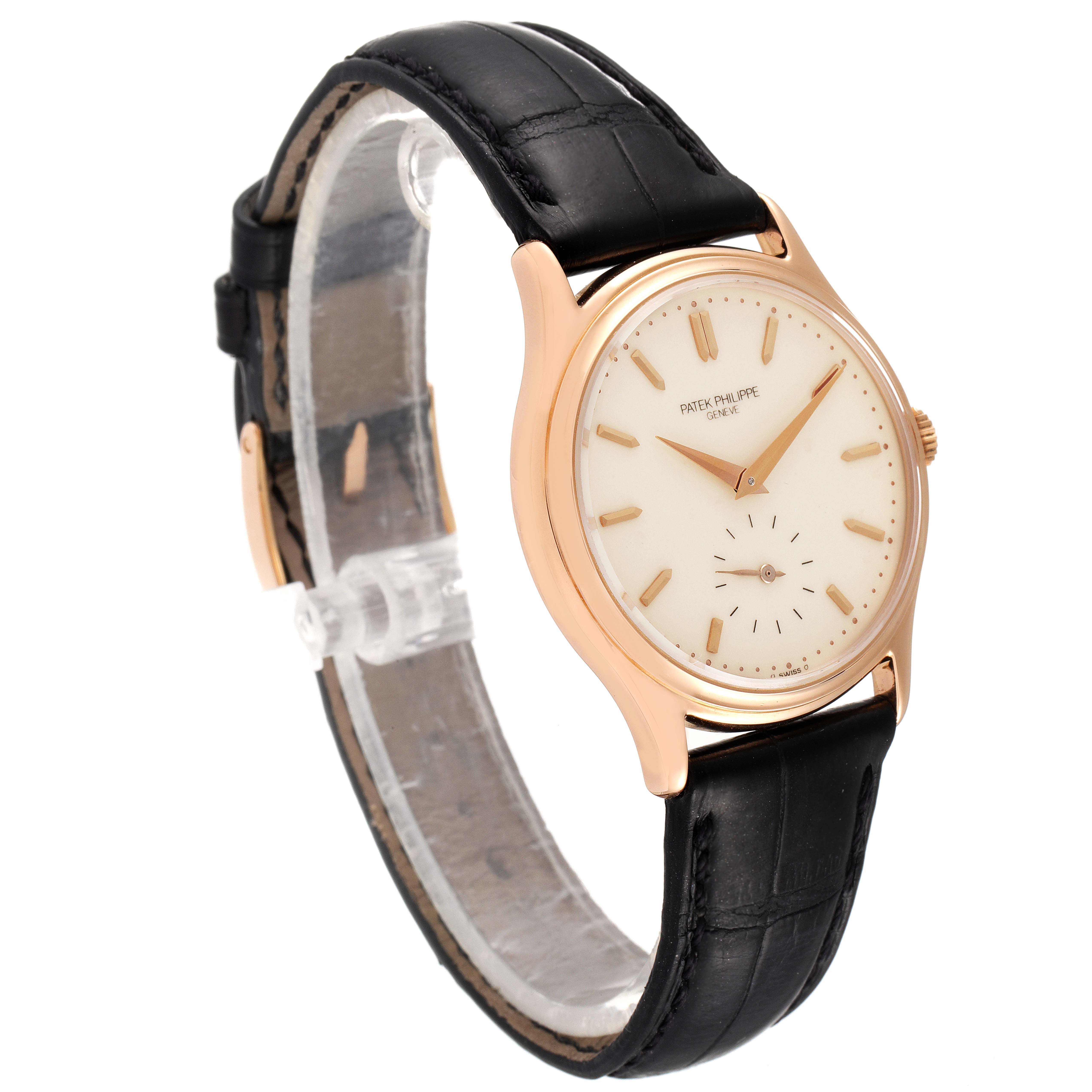 The Patek Philippe Calatrava 3923R Men's Rose Gold Silver Dial 3923R Men's Rose Gold Silver Dial watch is displayed at a three-quarter angle, showing the face, case, and strap clearly.