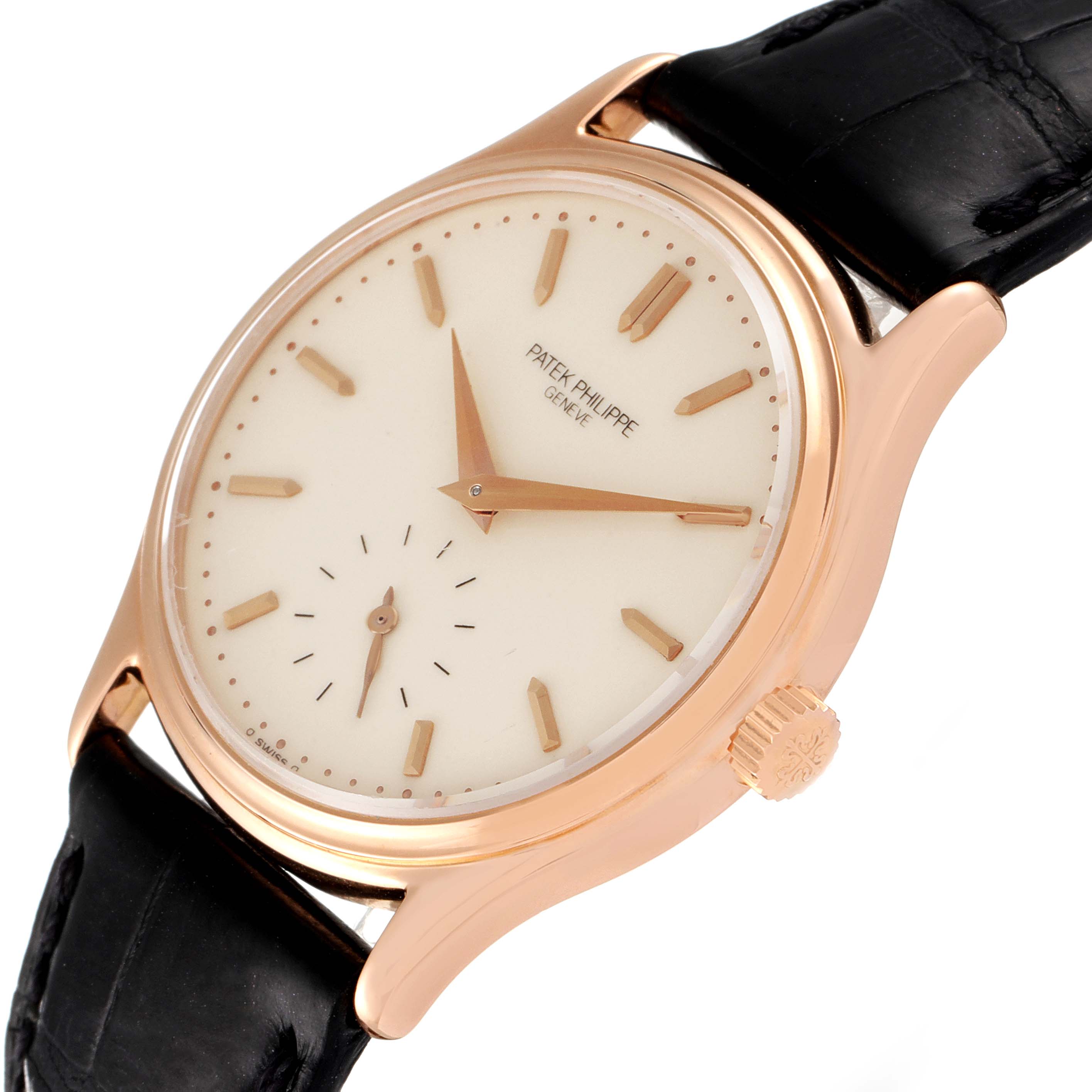 The image shows a Patek Philippe Calatrava 3923R Men's Rose Gold Silver Dial 3923R Men's Rose Gold Silver Dial watch from a slight tilted angle, revealing the dial, crown, and leather strap.