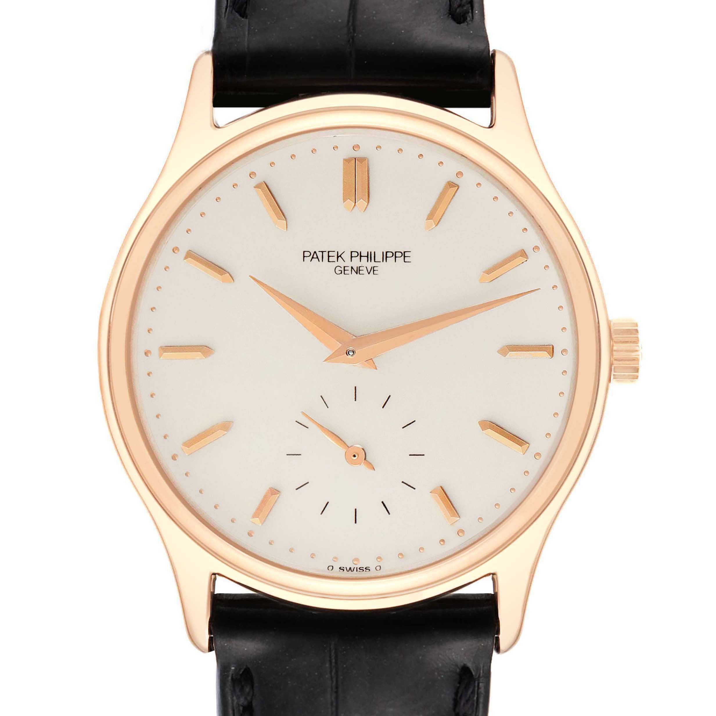 The image shows a straight-on view of the Patek Philippe Calatrava 3923R Men's Rose Gold Silver Dial 3923R Men's Rose Gold Silver Dial watch, displaying its dial, hands, case, and part of the strap.