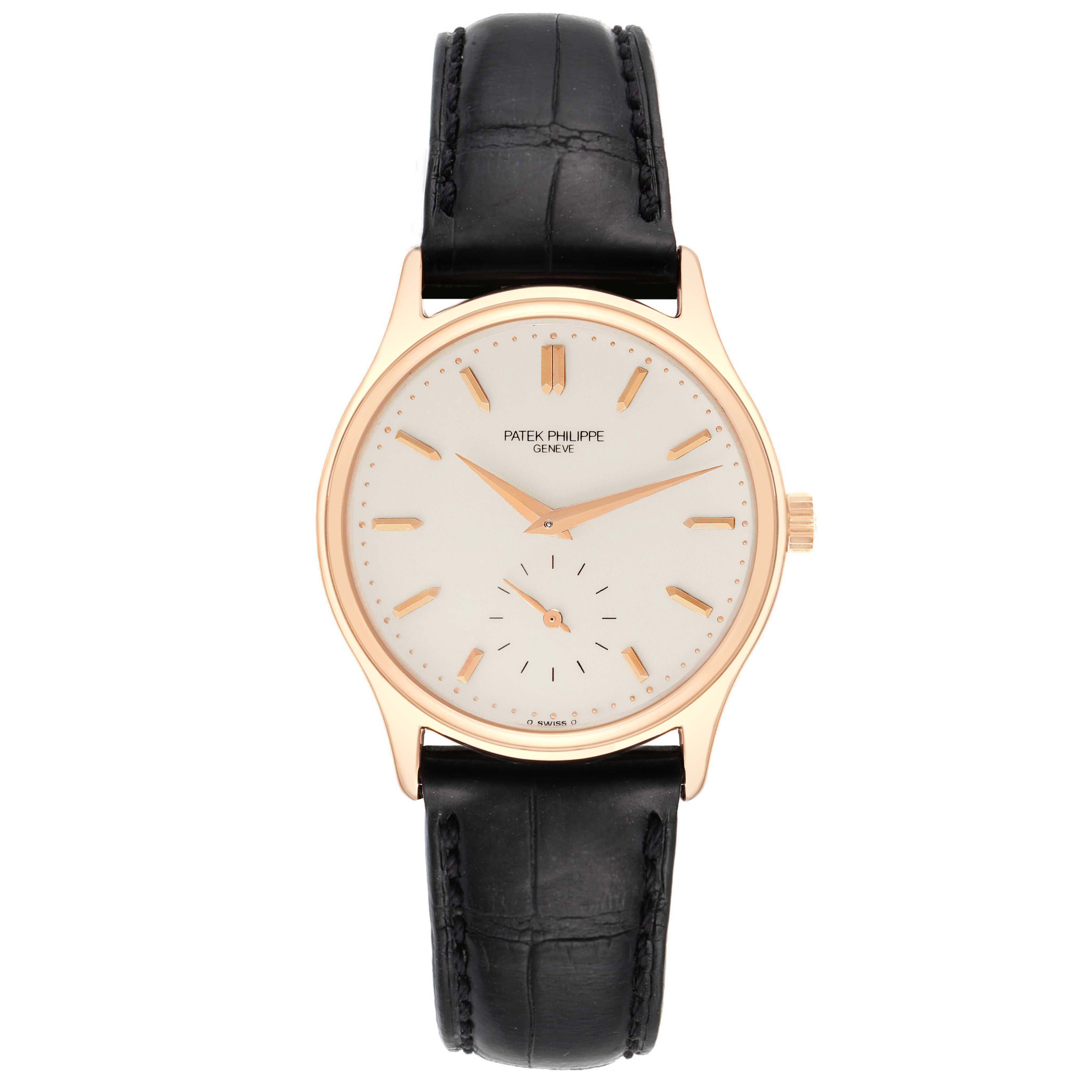 The image shows a front view of a Patek Philippe Calatrava 3923R Men's Rose Gold Silver Dial 3923R Men's Rose Gold Silver Dial watch, highlighting its face, dial, and black leather strap.