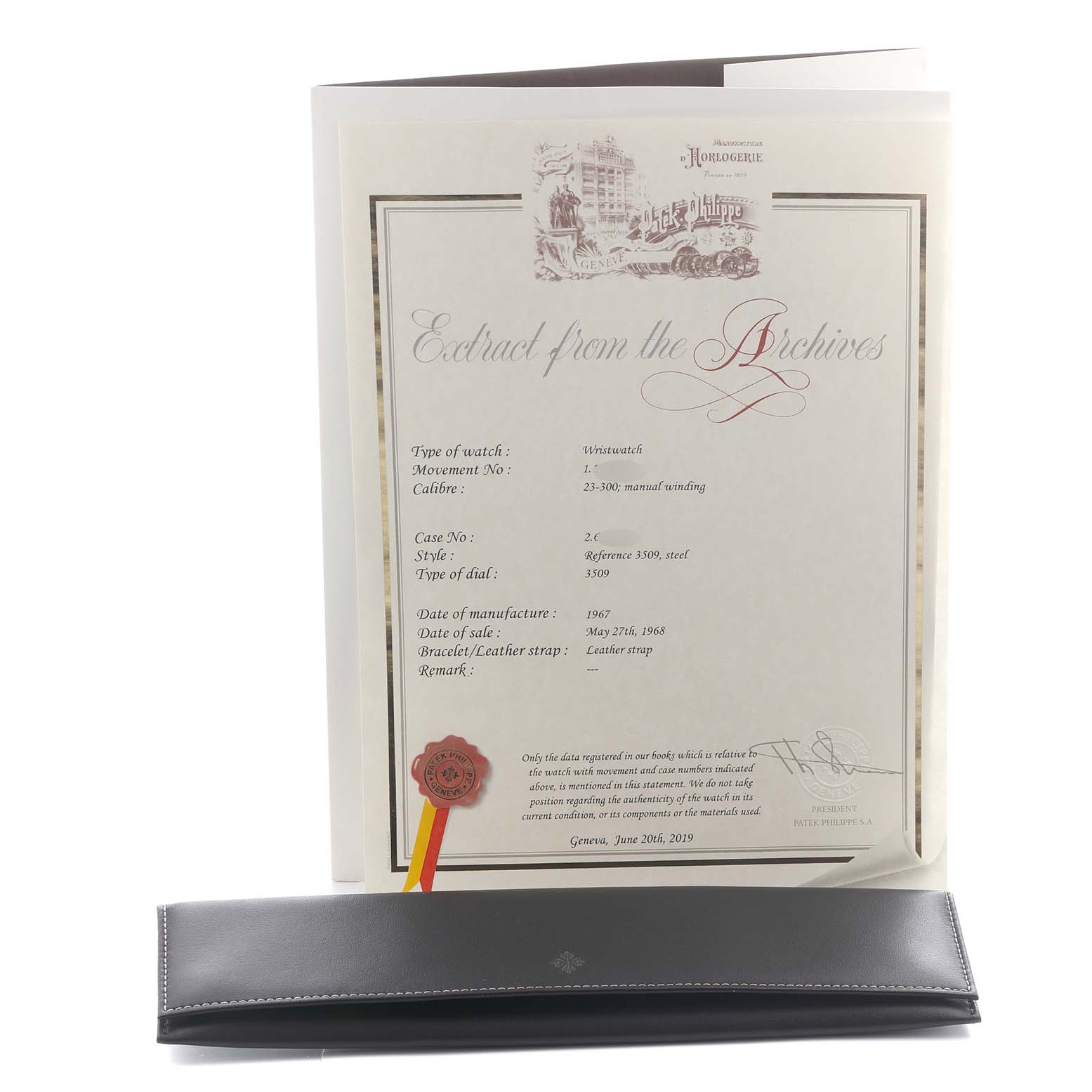 The image shows a Patek Philippe Calatrava 3509A Men's Stainless Steel Grey Dial 3509A Men's Stainless Steel Grey Dial watch certificate and a leather pouch, viewed from the front.