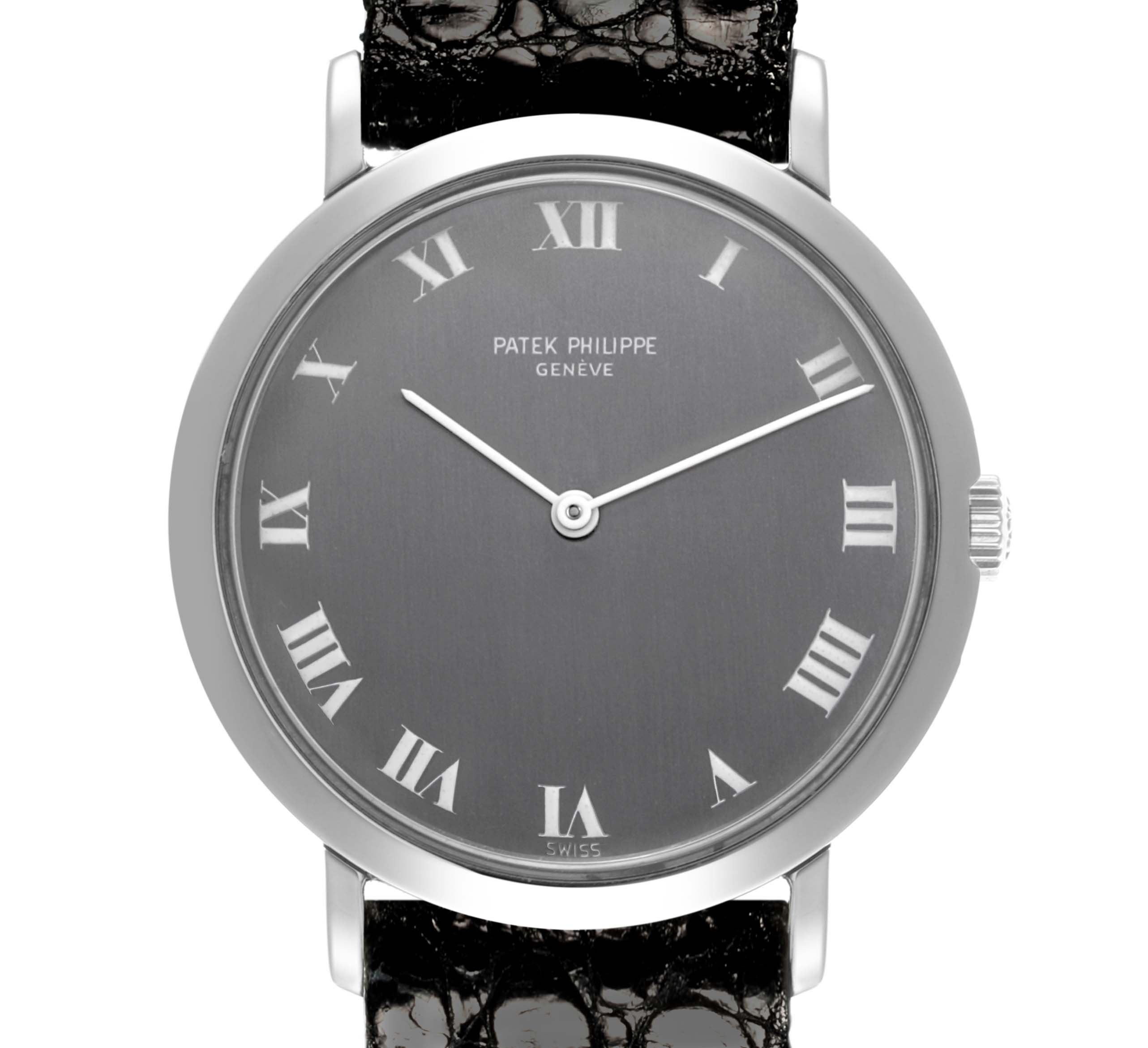 The Patek Philippe Calatrava 3509A Men's Stainless Steel Grey Dial 3509A Men's Stainless Steel Grey Dial watch is shown from the front, highlighting its face, Roman numerals, and black leather strap.