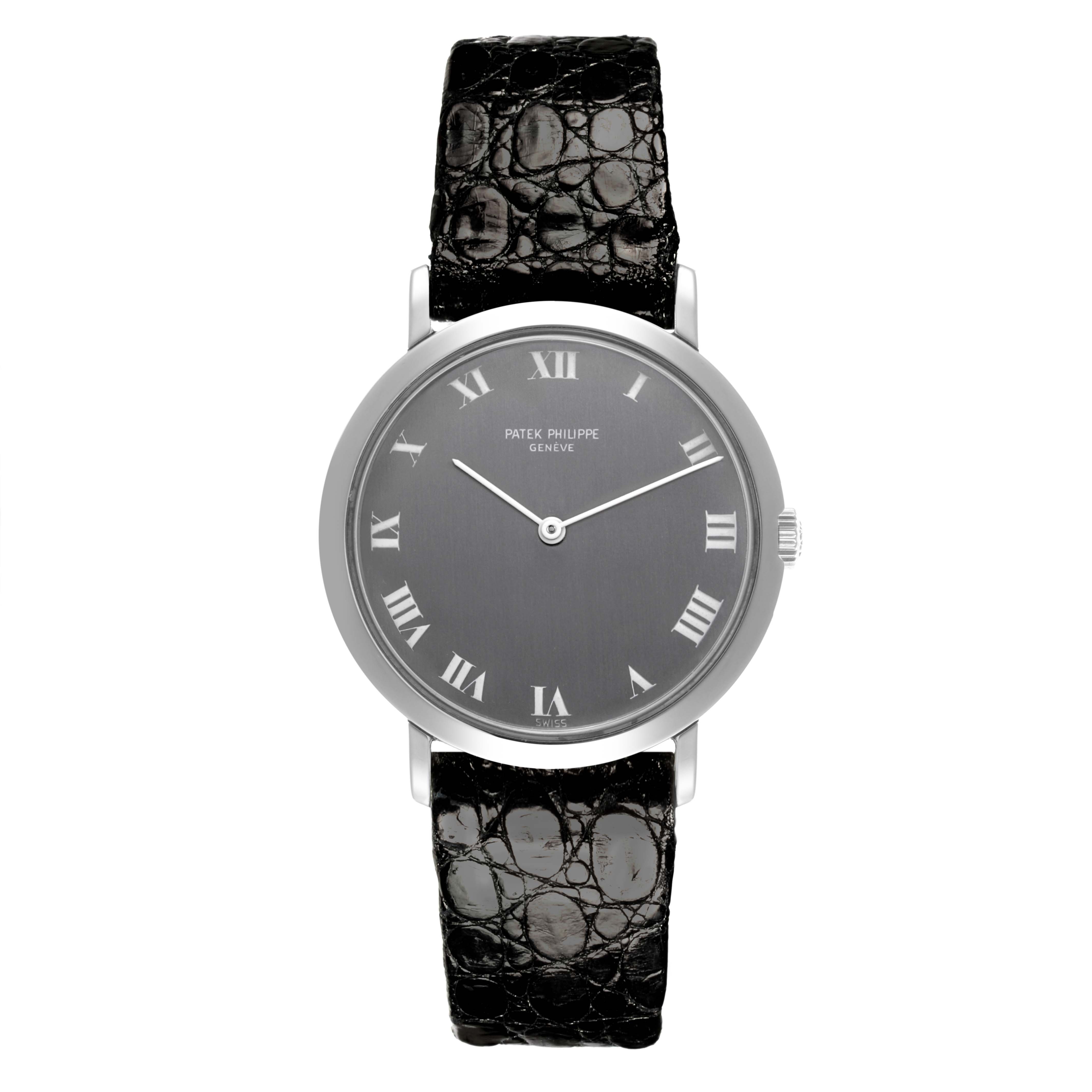 The image shows a front view of a Patek Philippe Calatrava 3509A Men's Stainless Steel Grey Dial 3509A Men's Stainless Steel Grey Dial watch, highlighting the dial, bezel, and leather strap.