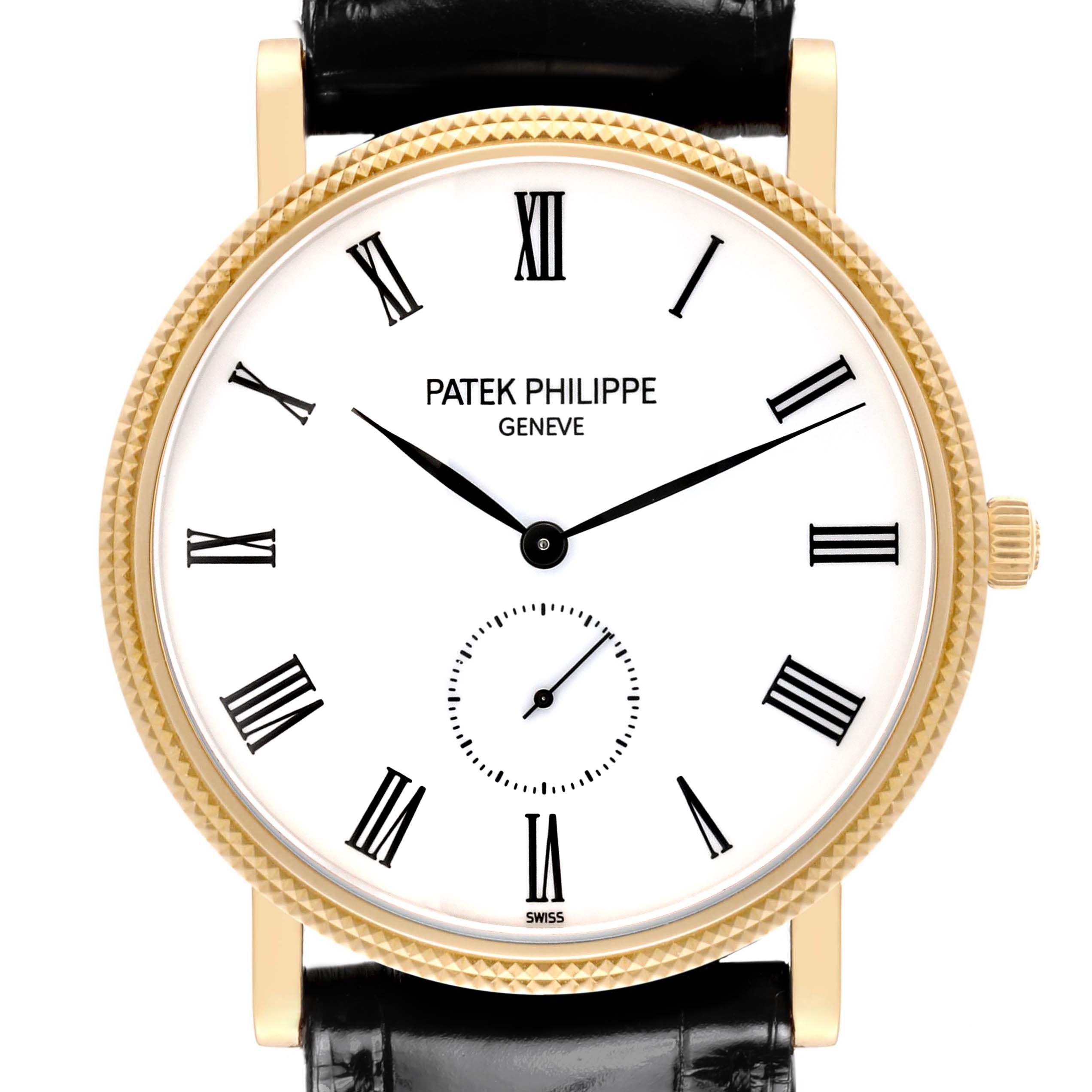 The Patek Philippe Calatrava 5119J-001 Men's Yellow Gold White Dial 5119J-001 Men's Yellow Gold White Dial watch is shown from a front angle, highlighting the dial with Roman numerals and gold case.