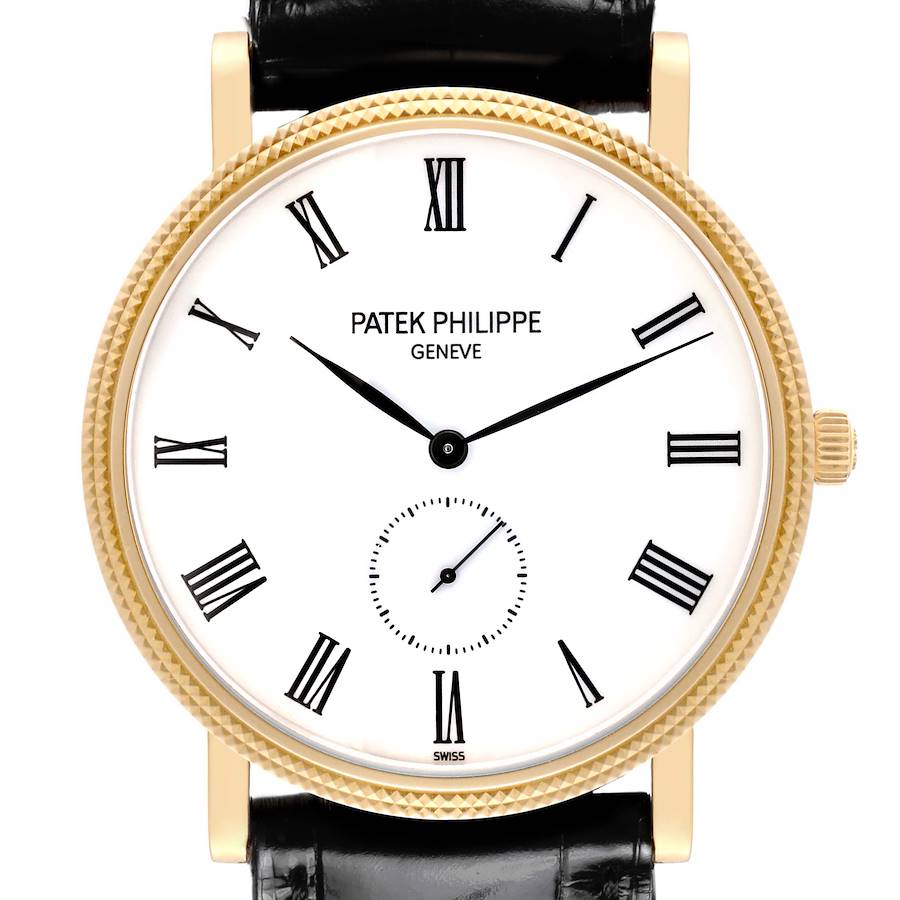 The Patek Philippe Calatrava watch is shown from a front angle, highlighting the dial with Roman numerals and gold case.