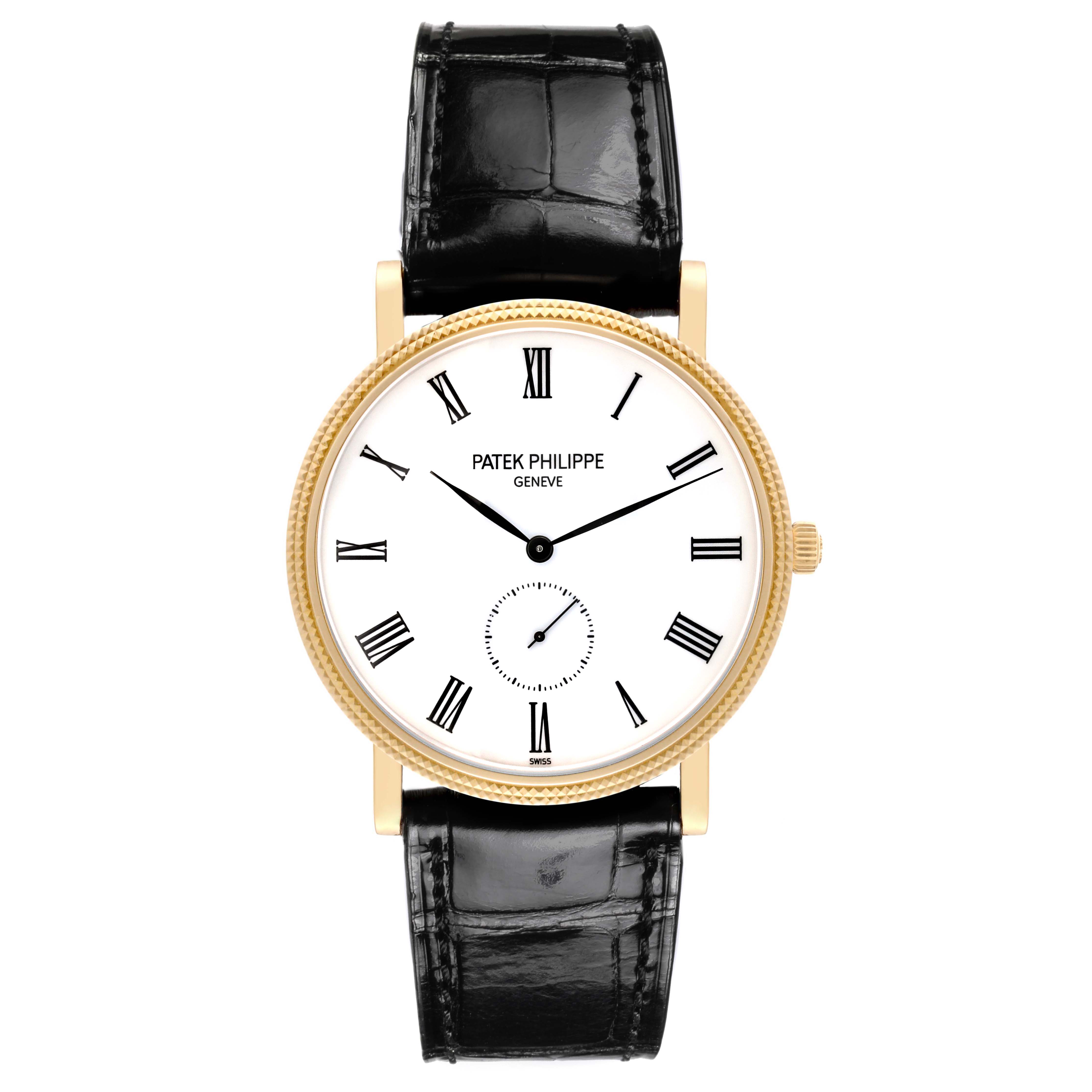The Patek Philippe Calatrava 5119J-001 Men's Yellow Gold White Dial 5119J-001 Men's Yellow Gold White Dial watch is shown from the front, displaying its face, Roman numerals, and black leather strap.