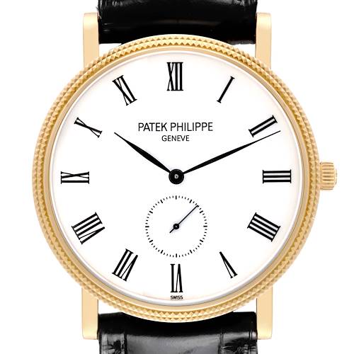 The watch is a Patek Philippe Calatrava model, shown from a front angle, displaying the face, hands, and crown.