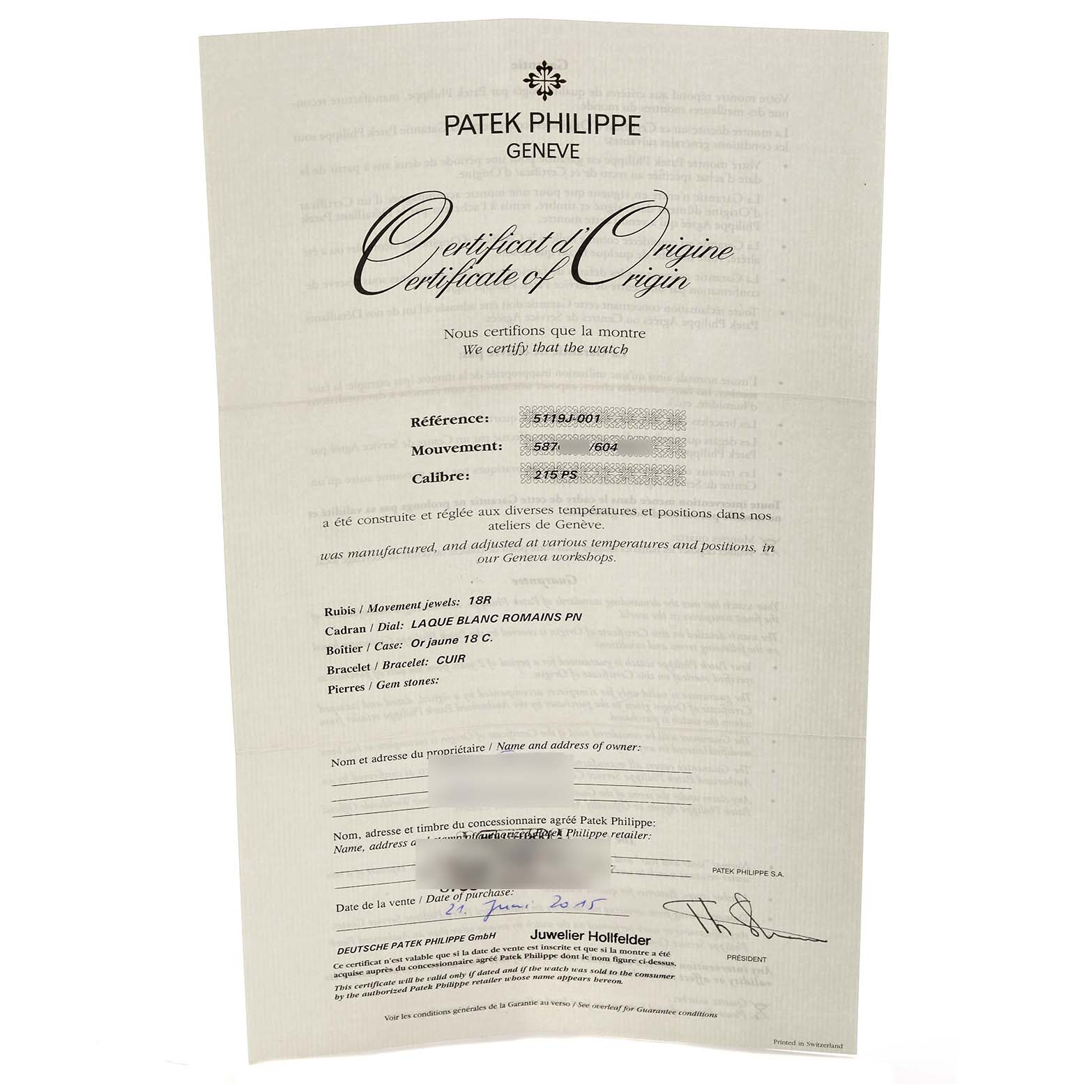 The image shows a certificate of origin for the Patek Philippe Calatrava 5119J-001 Men's Yellow Gold White Dial 5119J-001 Men's Yellow Gold White Dial model.