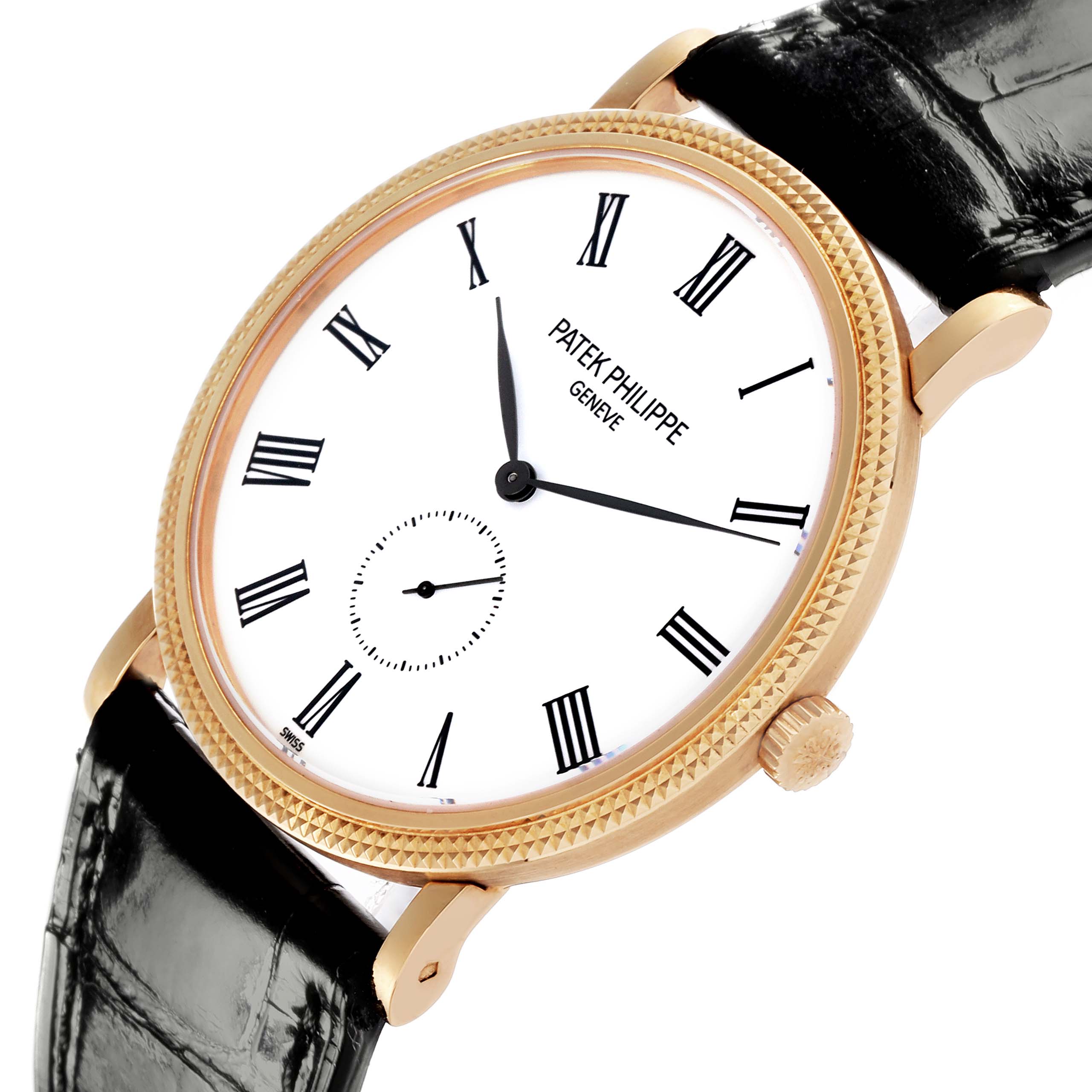 The Calatrava by Patek Philippe is shown at an angle highlighting the face, Roman numerals, and side profile, including the crown.