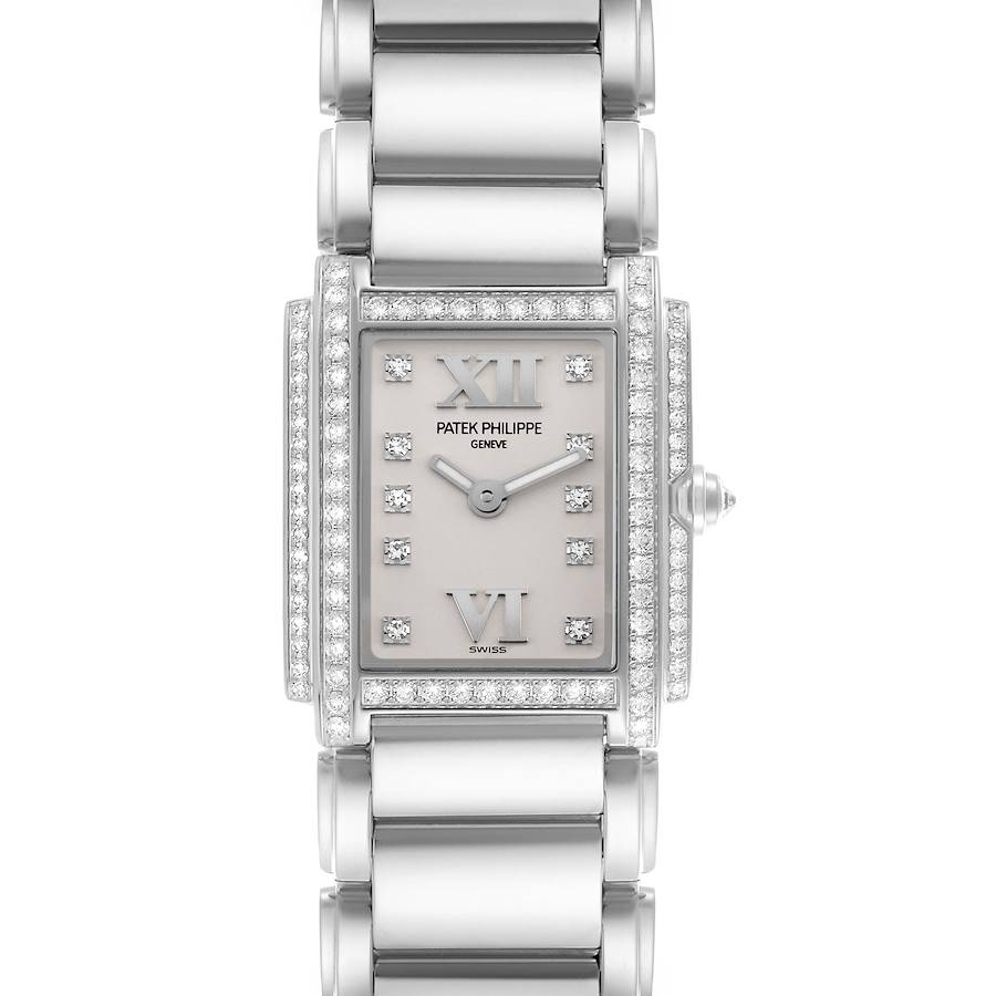 The image shows a front view of the Patek Philippe Twenty-4 watch, highlighting its diamond-set bezel and bracelet.