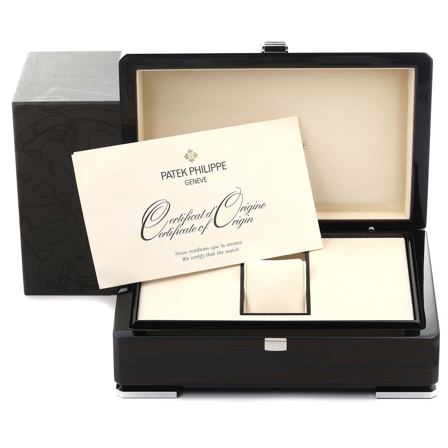 The image shows a Patek Philippe Twenty-4 4908/200G-011 Women's White Gold Silver Dial 4908/200G-011 Women's White Gold Silver Dial watch box open with a Certificate of Origin displayed inside.