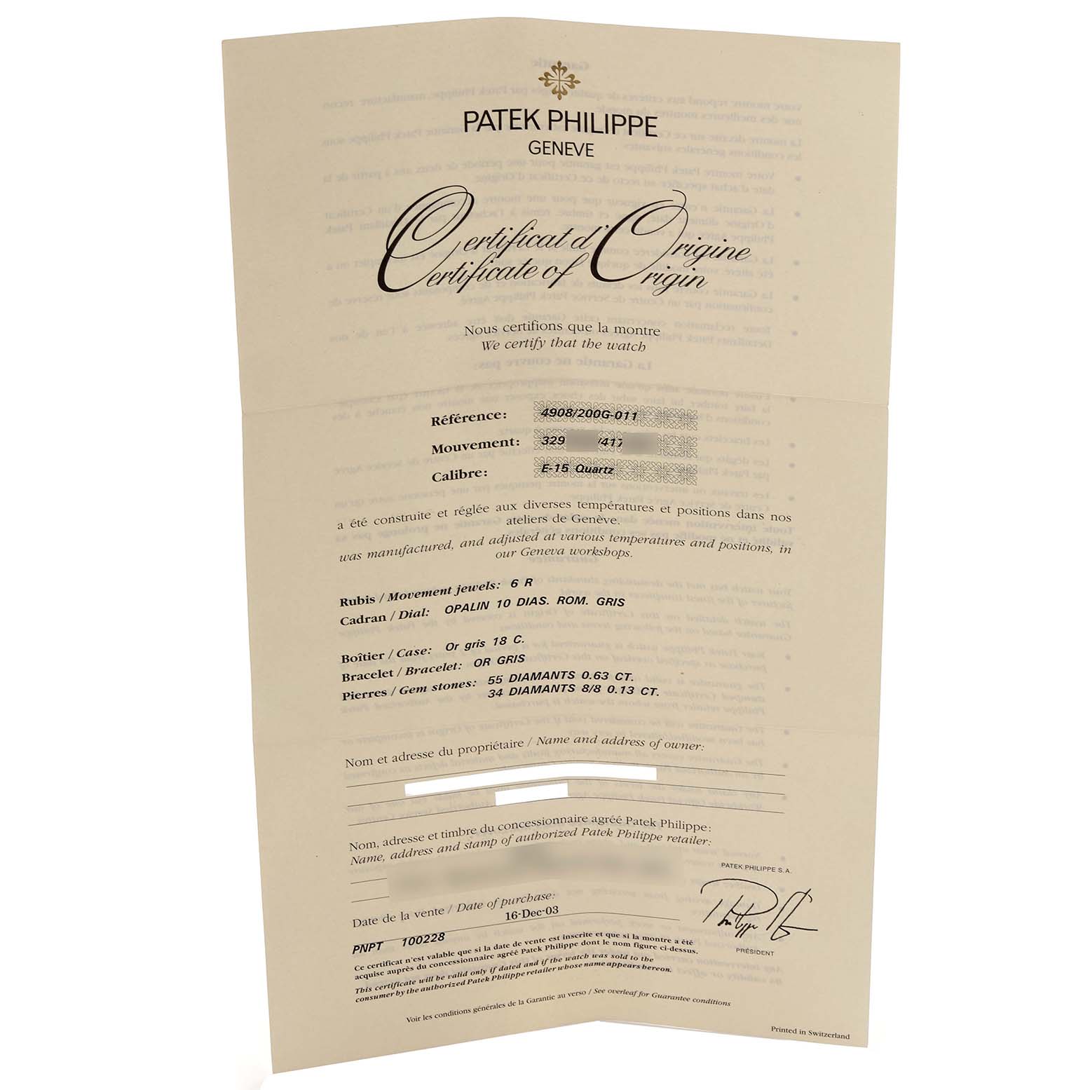 The image shows a Certificate of Origin for the Patek Philippe Twenty-4 4908/200G-011 Women's White Gold Silver Dial 4908/200G-011 Women's White Gold Silver Dial watch model, viewed upright.