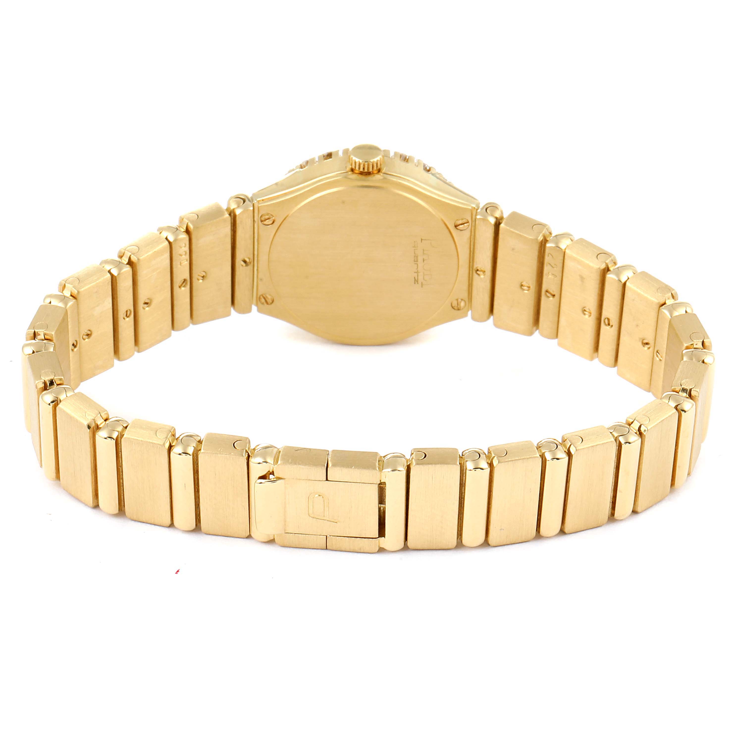 This image shows the back view of the Piaget  Women's Yellow Gold Champagne Dial  Women's Yellow Gold Champagne Dial Polo 18K Yellow Gold Diamond Dial Quartz Ladies Watch, focusing on the bracelet and case back.