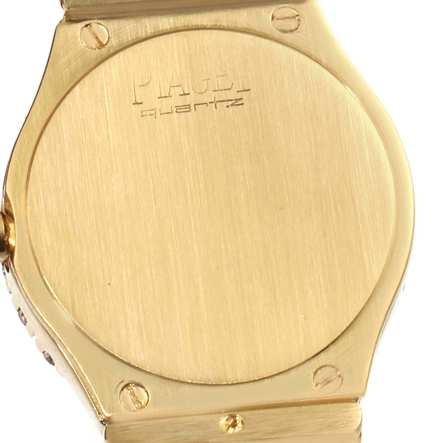 The image shows the back case of the Piaget  Women's Yellow Gold Champagne Dial  Women's Yellow Gold Champagne Dial Polo 18K Yellow Gold Diamond Dial Quartz Ladies Watch.