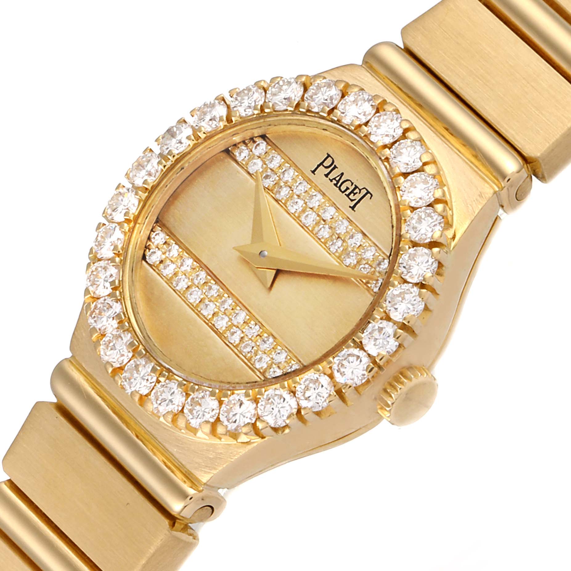 This image shows the dial, crown, and strap of a Piaget  Women's Yellow Gold Champagne Dial  Women's Yellow Gold Champagne Dial Polo 18K Yellow Gold Diamond Dial Quartz Ladies Watch at an angled view.