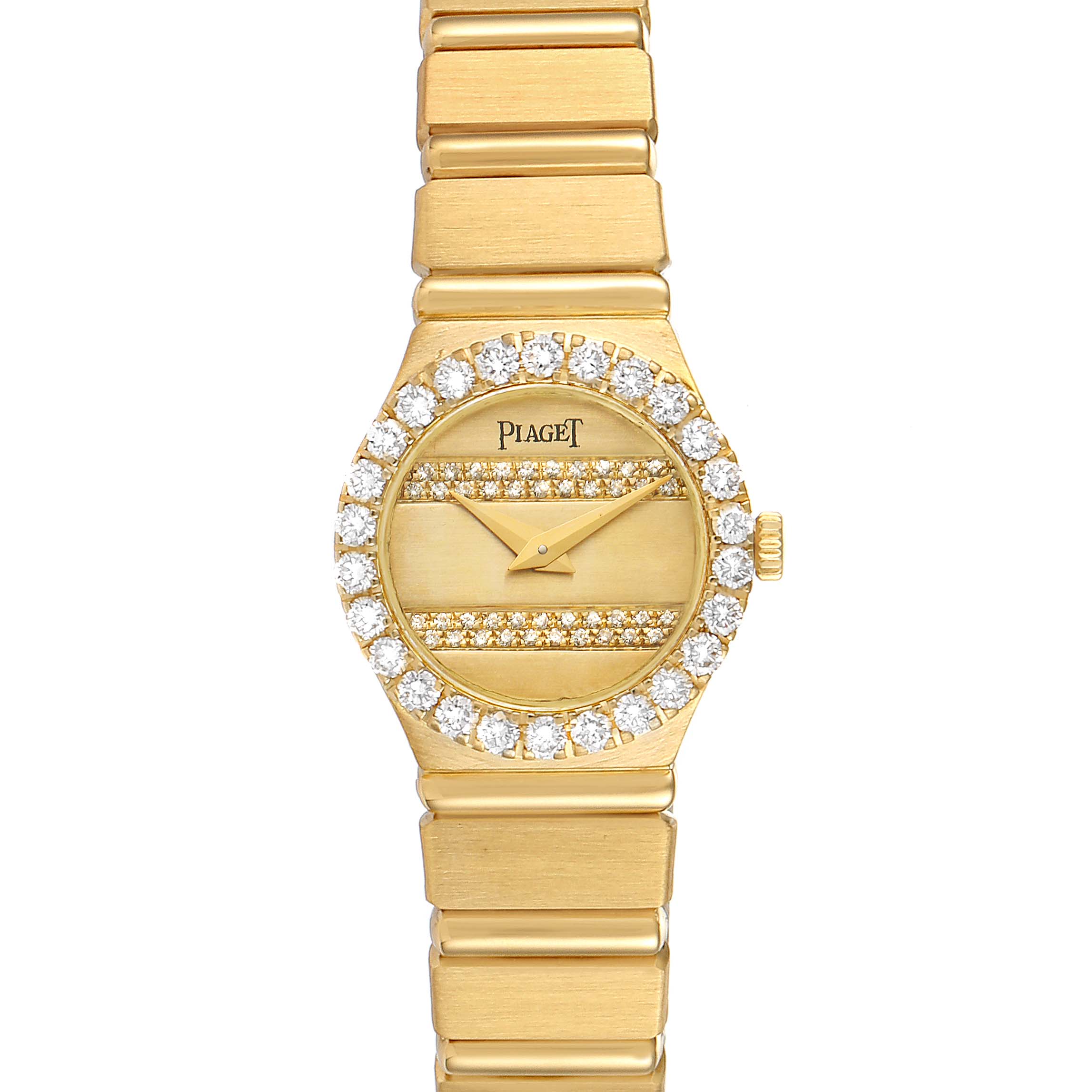 The image shows a frontal view of the Piaget  Women's Yellow Gold Champagne Dial  Women's Yellow Gold Champagne Dial Polo 18K Yellow Gold Diamond Dial Quartz Ladies Watch, displaying the face, bezel, and bracelet.