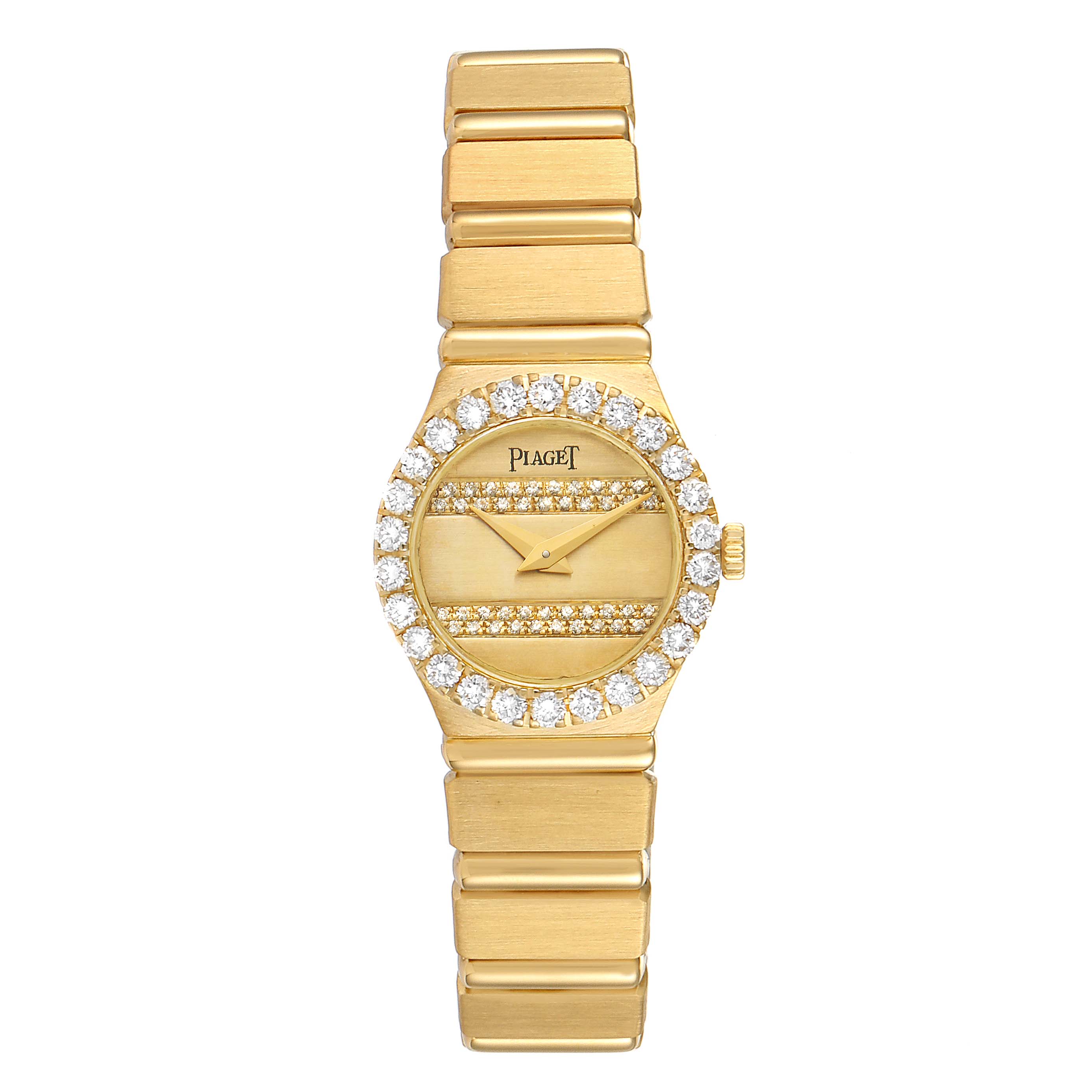 The image shows a frontal view of the Piaget  Women's Yellow Gold Champagne Dial  Women's Yellow Gold Champagne Dial Polo 18K Yellow Gold Diamond Dial Quartz Ladies Watch.