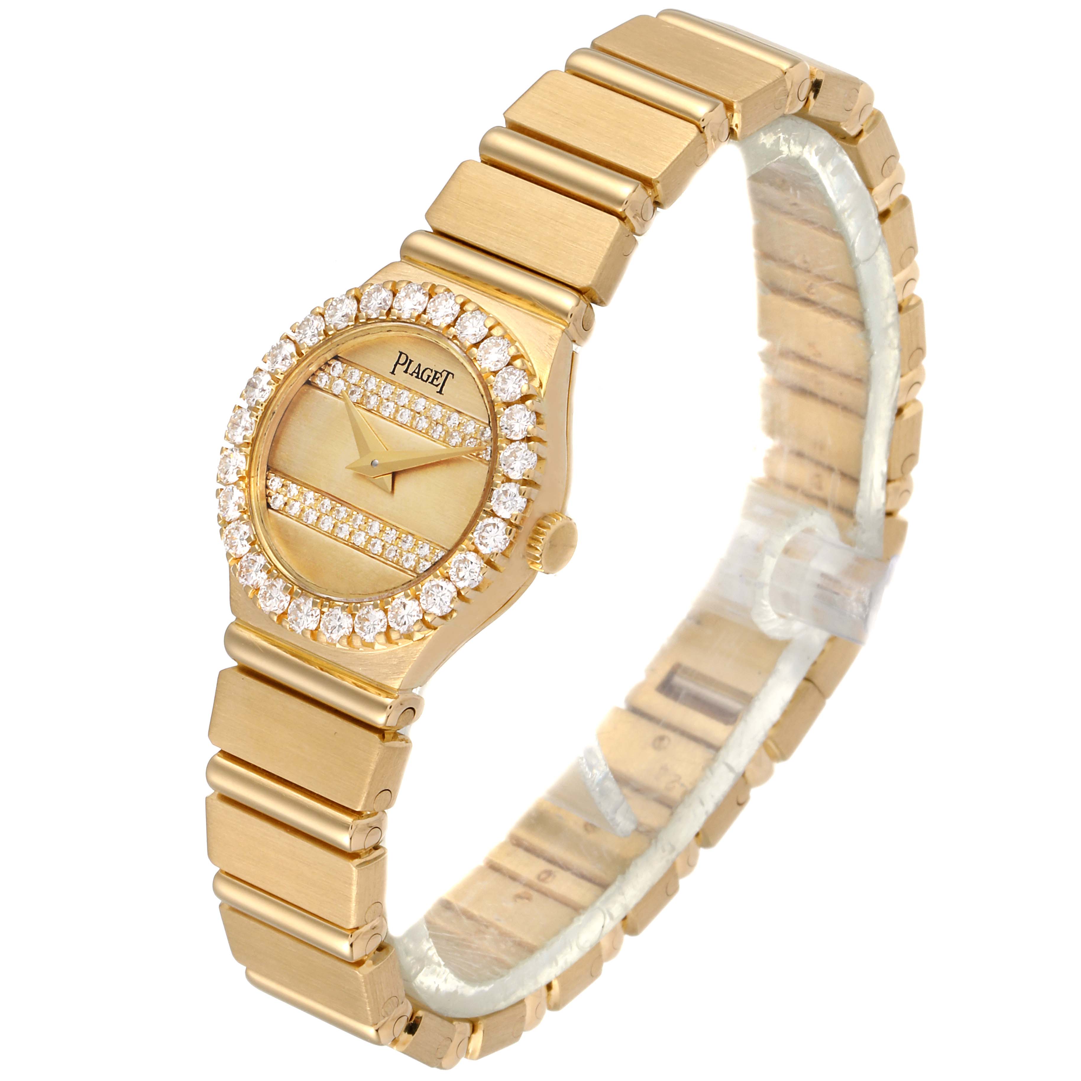The Piaget  Women's Yellow Gold Champagne Dial  Women's Yellow Gold Champagne Dial Polo 18K Yellow Gold Diamond Dial Quartz Ladies Watch is shown at an angle highlighting its dial and bracelet.