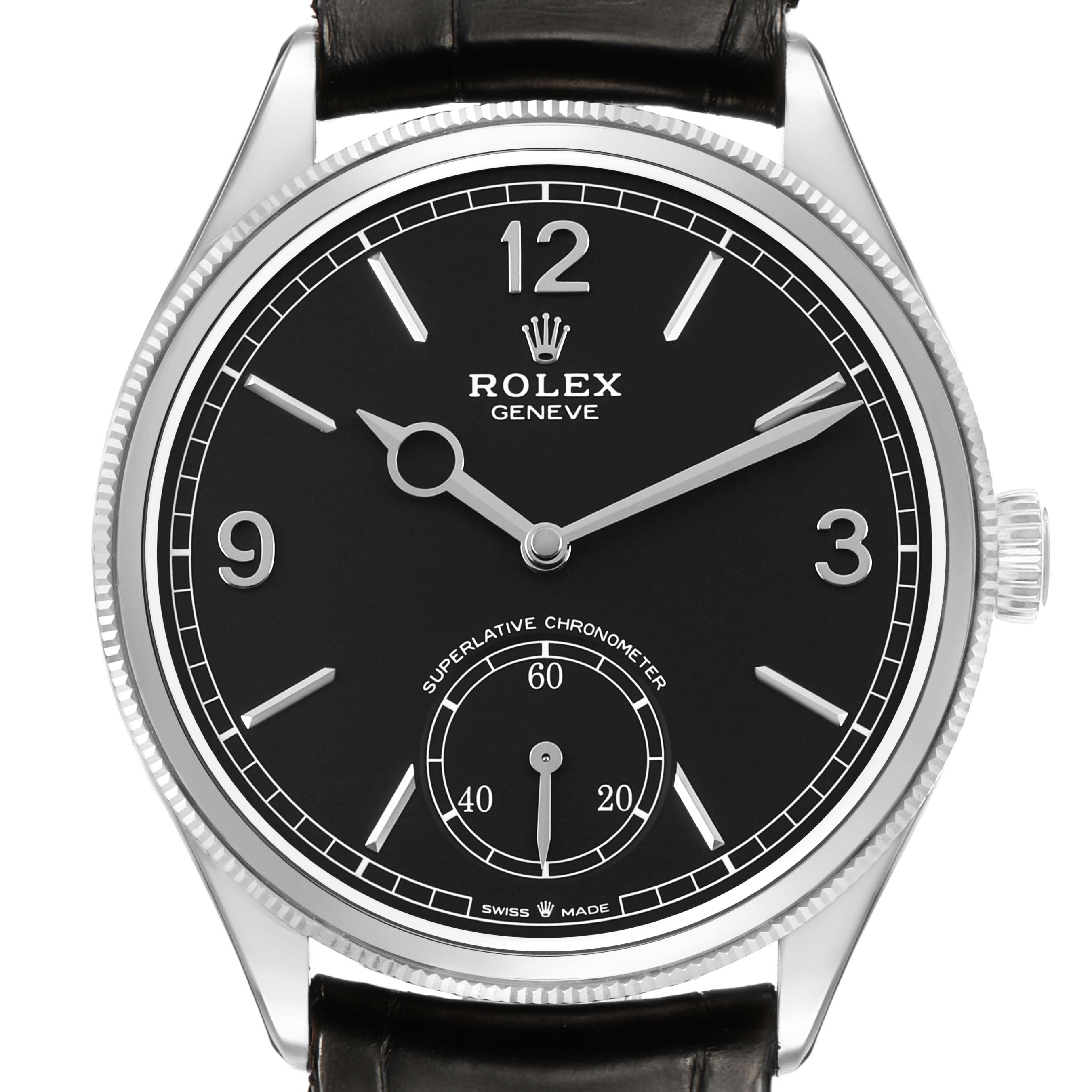 The Rolex 1908 52509 Mens White Gold Black Dial model watch is shown from the front, showcasing the dial, hands, numerals, and crown.
