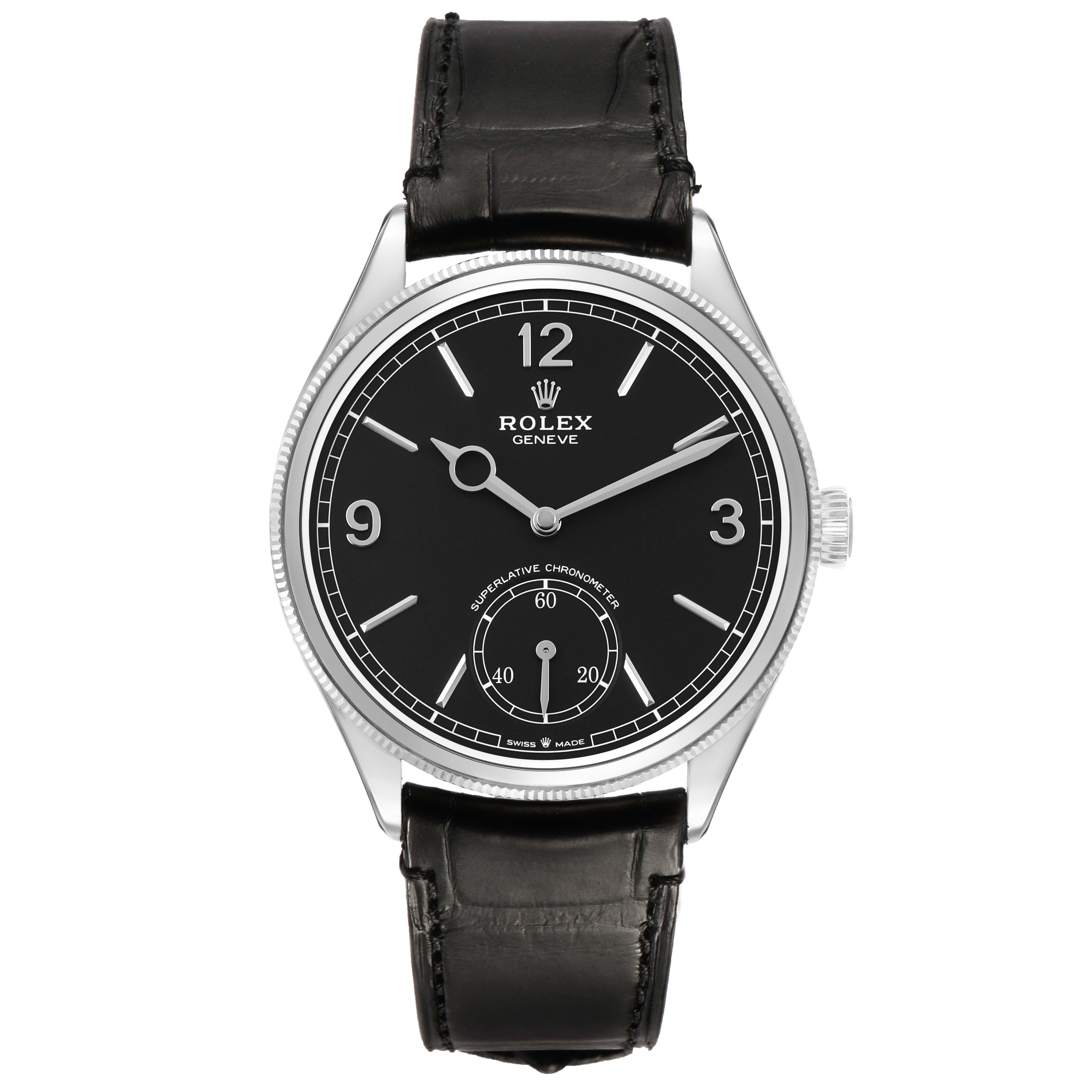 The Rolex 1908 52509 Mens White Gold Black Dial model is shown from a front angle, highlighting the black dial, silver case, and black leather strap.