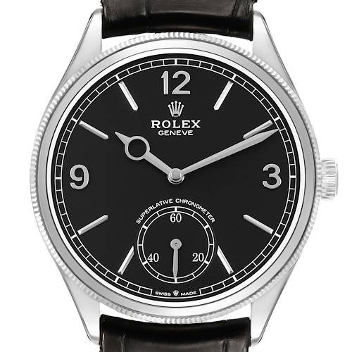 The Rolex 1908 52509 Men's White Gold Black Dial watch is shown from the front, highlighting the black dial, silver hands, numerals, and crown.