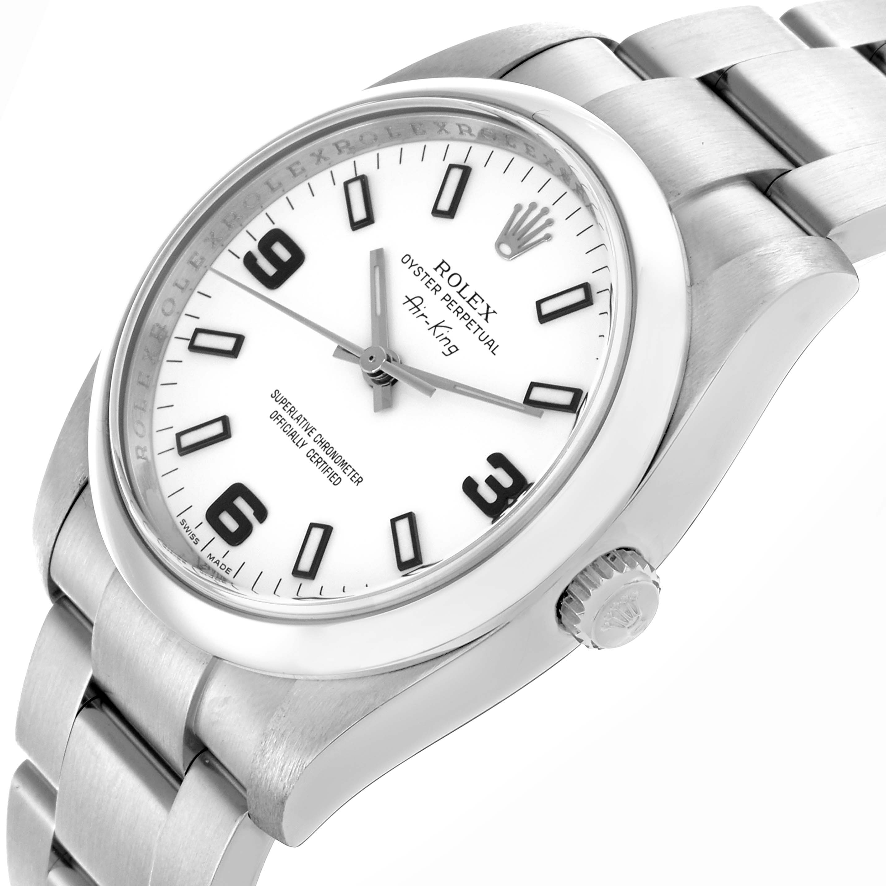 The Rolex Air-King 114200 Men's Stainless Steel White Dial 114200 Men's Stainless Steel White Dial watch is shown at an angled side view, displaying the face, crown, band, and bezel details.
