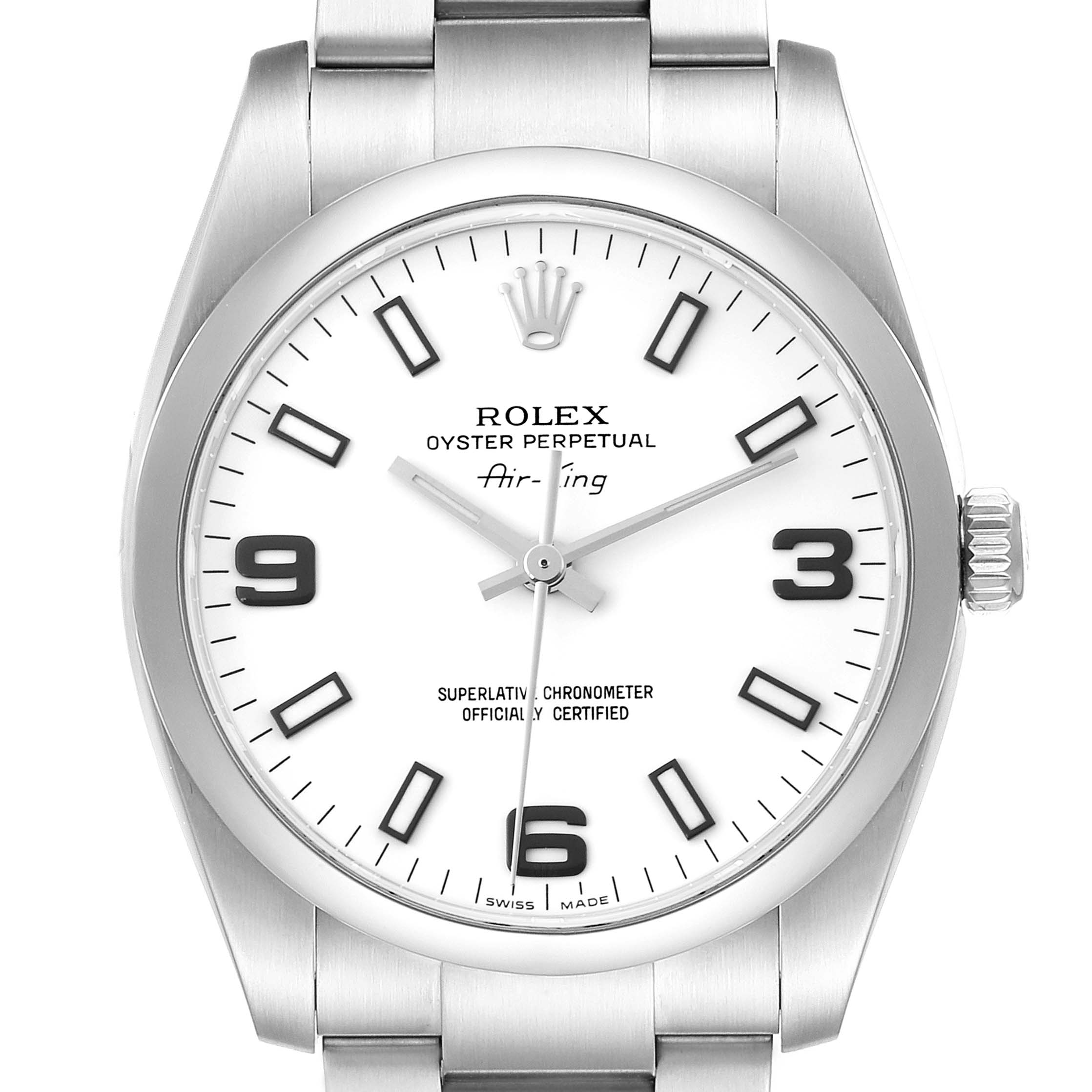 The Rolex Air-King 114200 Men's Stainless Steel White Dial 114200 Men's Stainless Steel White Dial watch is shown from the front, displaying its dial, hands, case, and part of the bracelet.