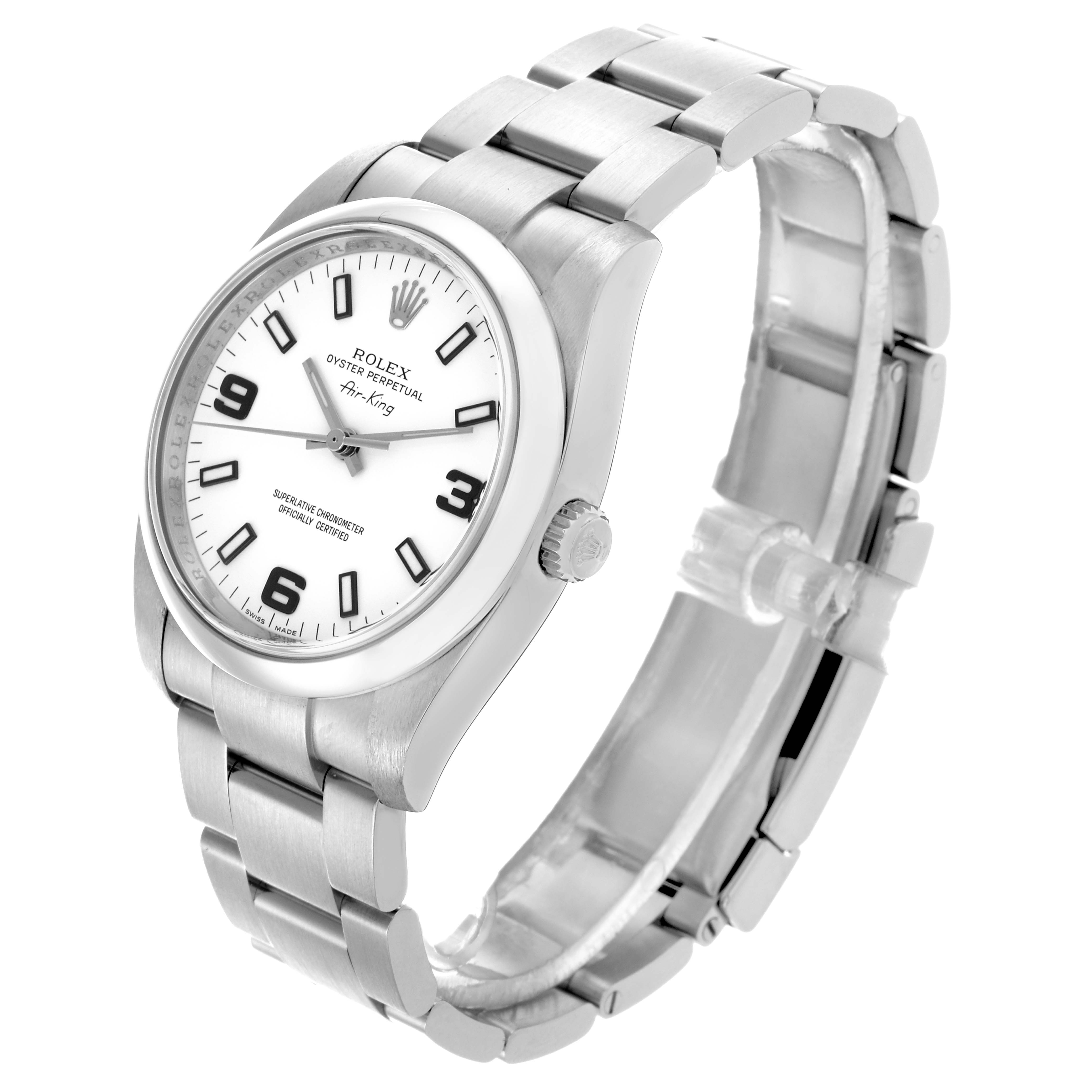 The Rolex Air-King 114200 Men's Stainless Steel White Dial 114200 Men's Stainless Steel White Dial watch is shown at a three-quarter angle, highlighting the face, bracelet, and crown.