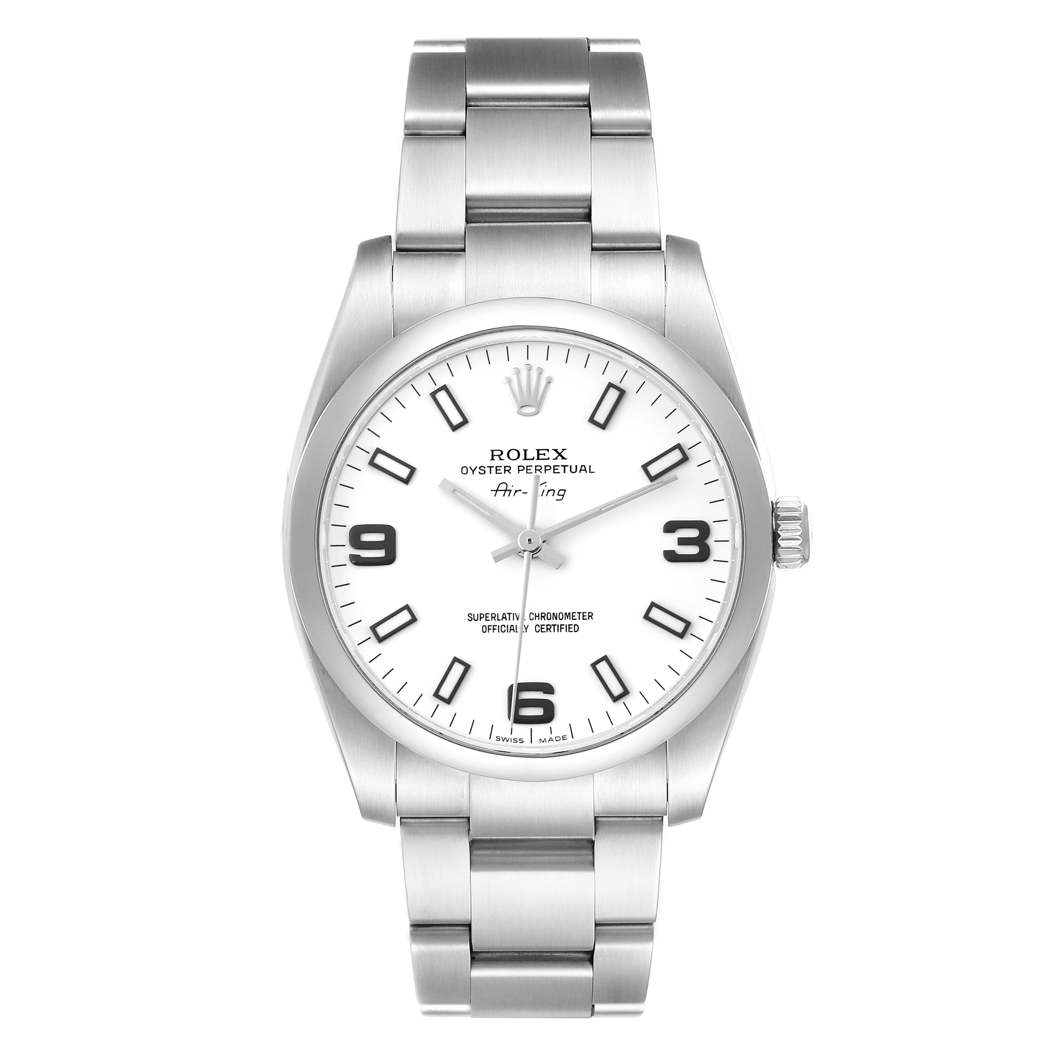 The Rolex Air-King 114200 Men's Stainless Steel White Dial 114200 Men's Stainless Steel White Dial watch is shown from a top-down angle, highlighting its face, bezel, and bracelet.