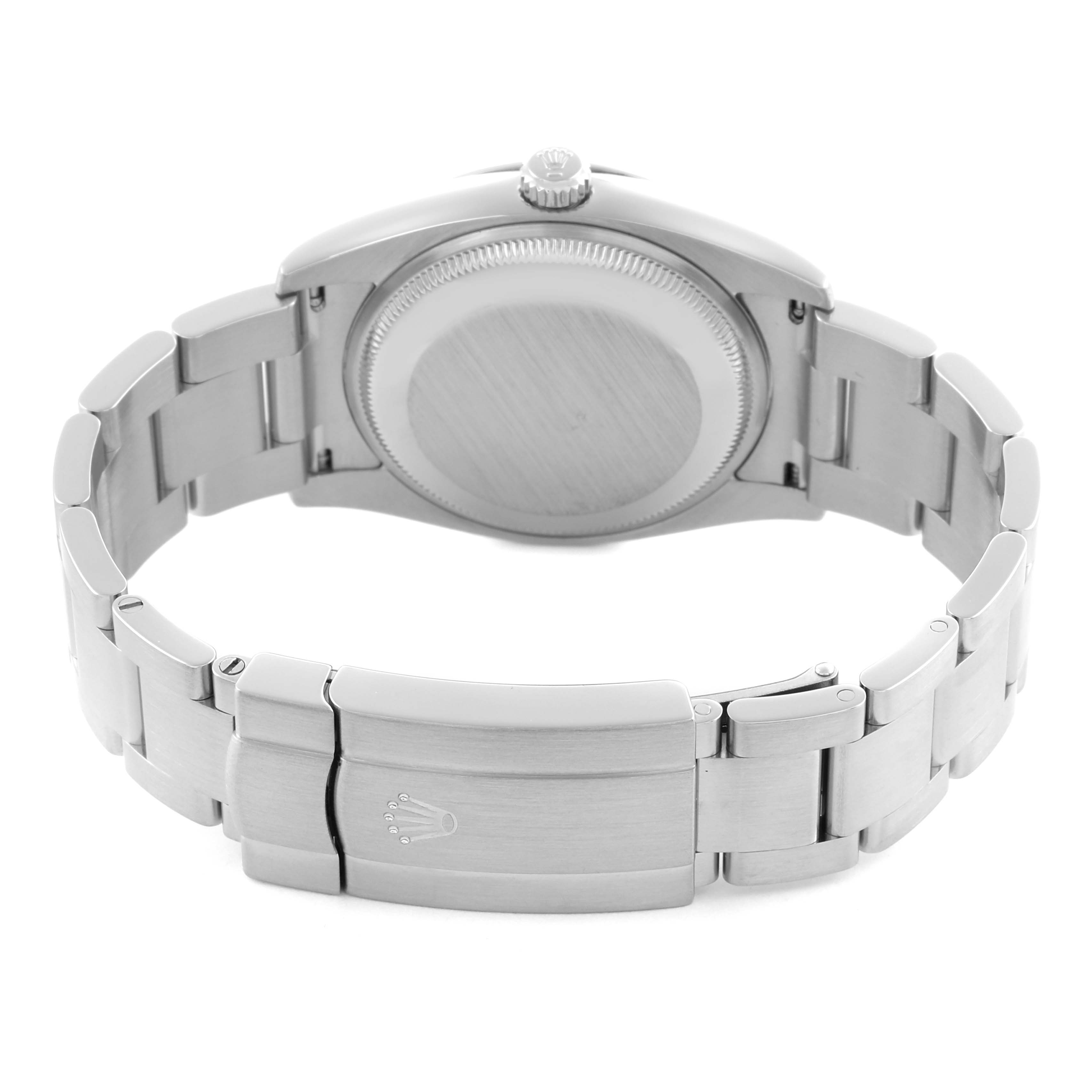The image shows the back view of a Rolex Air-King 114200 Men's Stainless Steel White Dial 114200 Men's Stainless Steel White Dial watch, highlighting the case back, crown, and clasp of the bracelet.