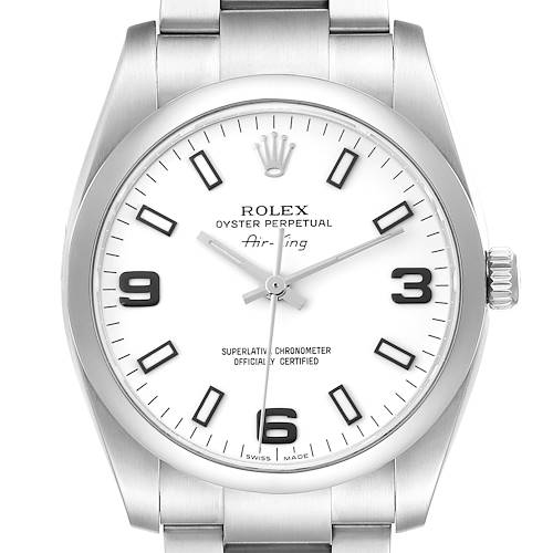 The Rolex Air-King watch is shown from a front angle, displaying the dial, hour markers, hands, and part of the bracelet.