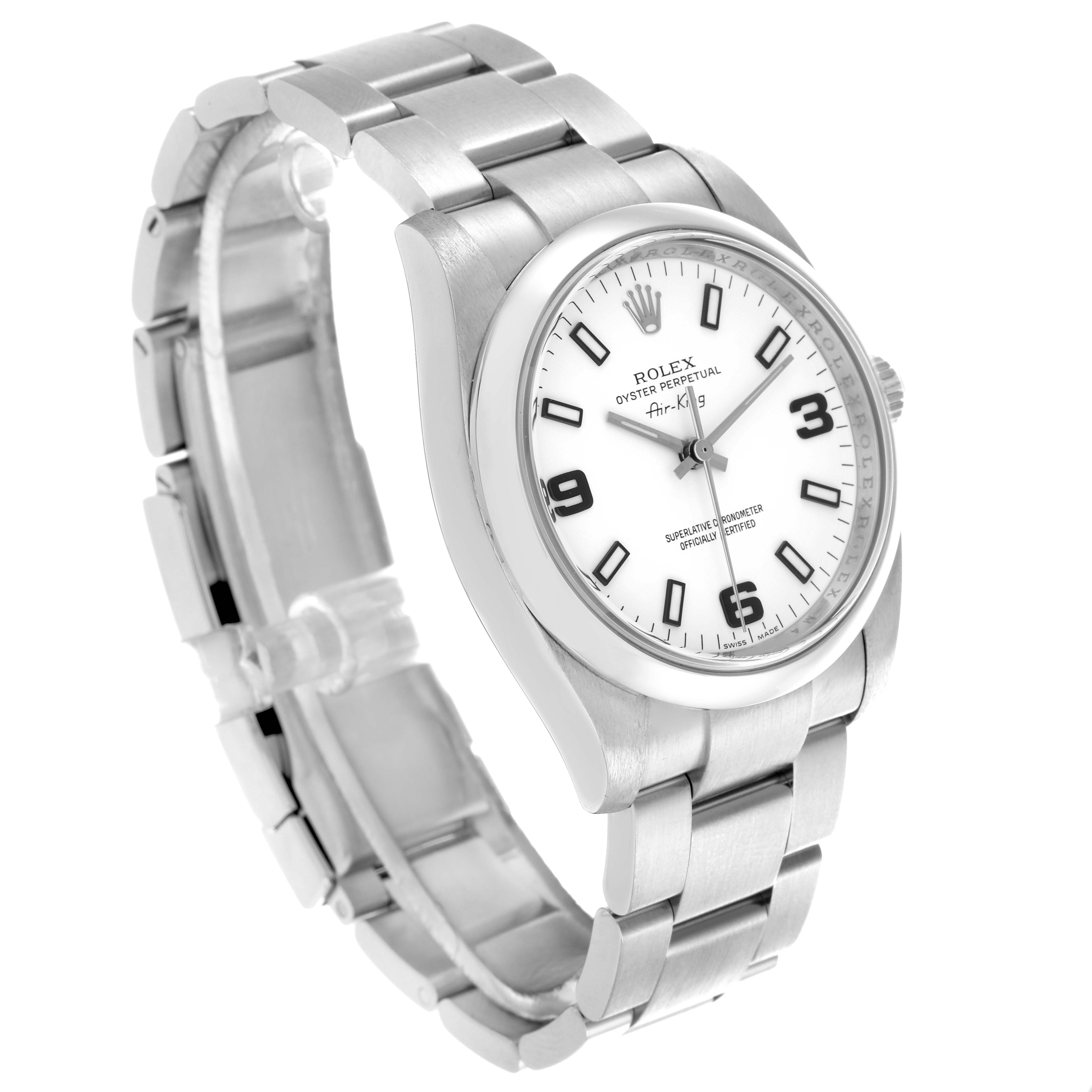 The Rolex Air-King 114200 Men's Stainless Steel White Dial 114200 Men's Stainless Steel White Dial watch is shown at an angled side view, displaying the dial, bezel, and full metal bracelet.