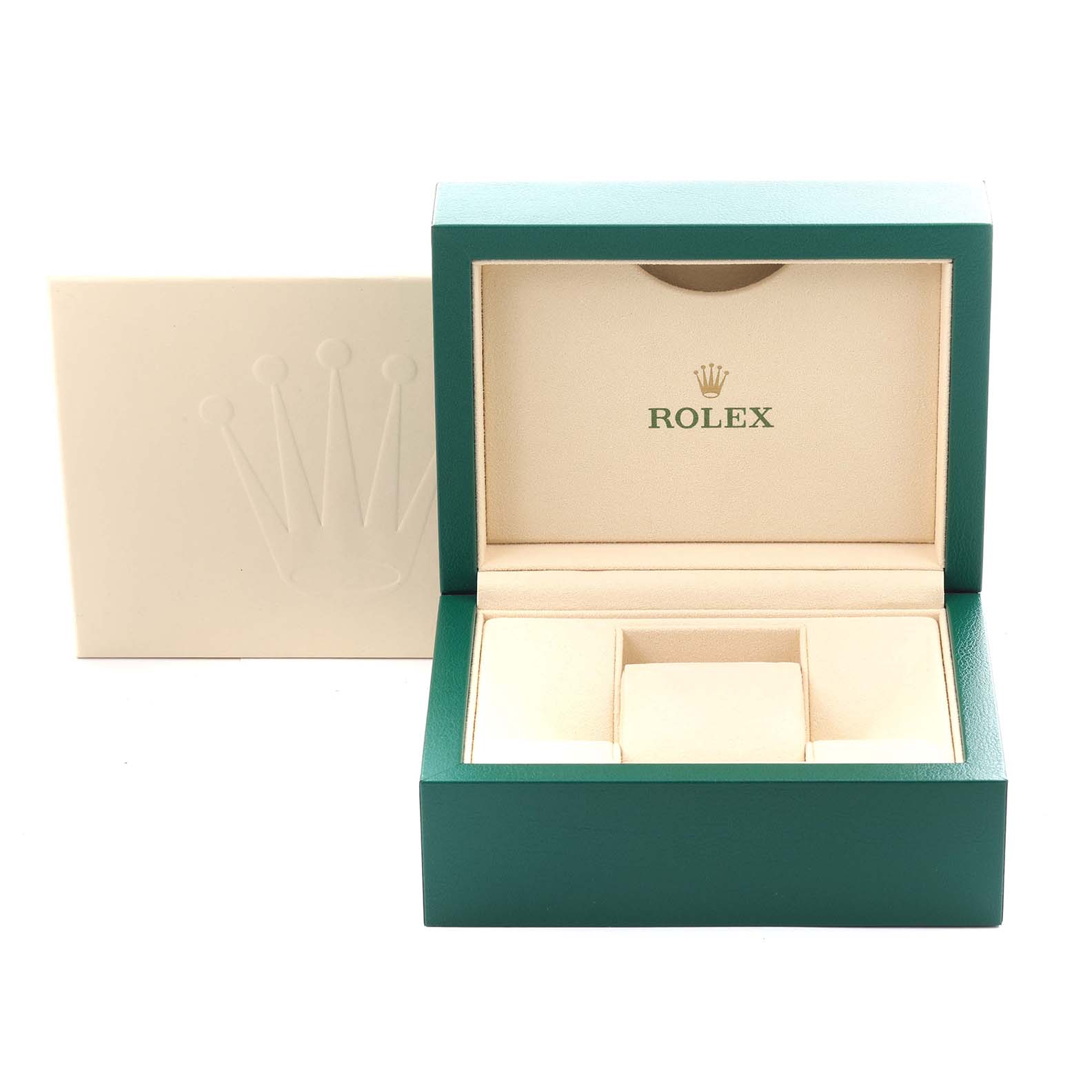 The image shows the open box and outer packaging for the Rolex Air-King 114200 Men's Stainless Steel White Dial 114200 Men's Stainless Steel White Dial watch, displaying the interior from the front.