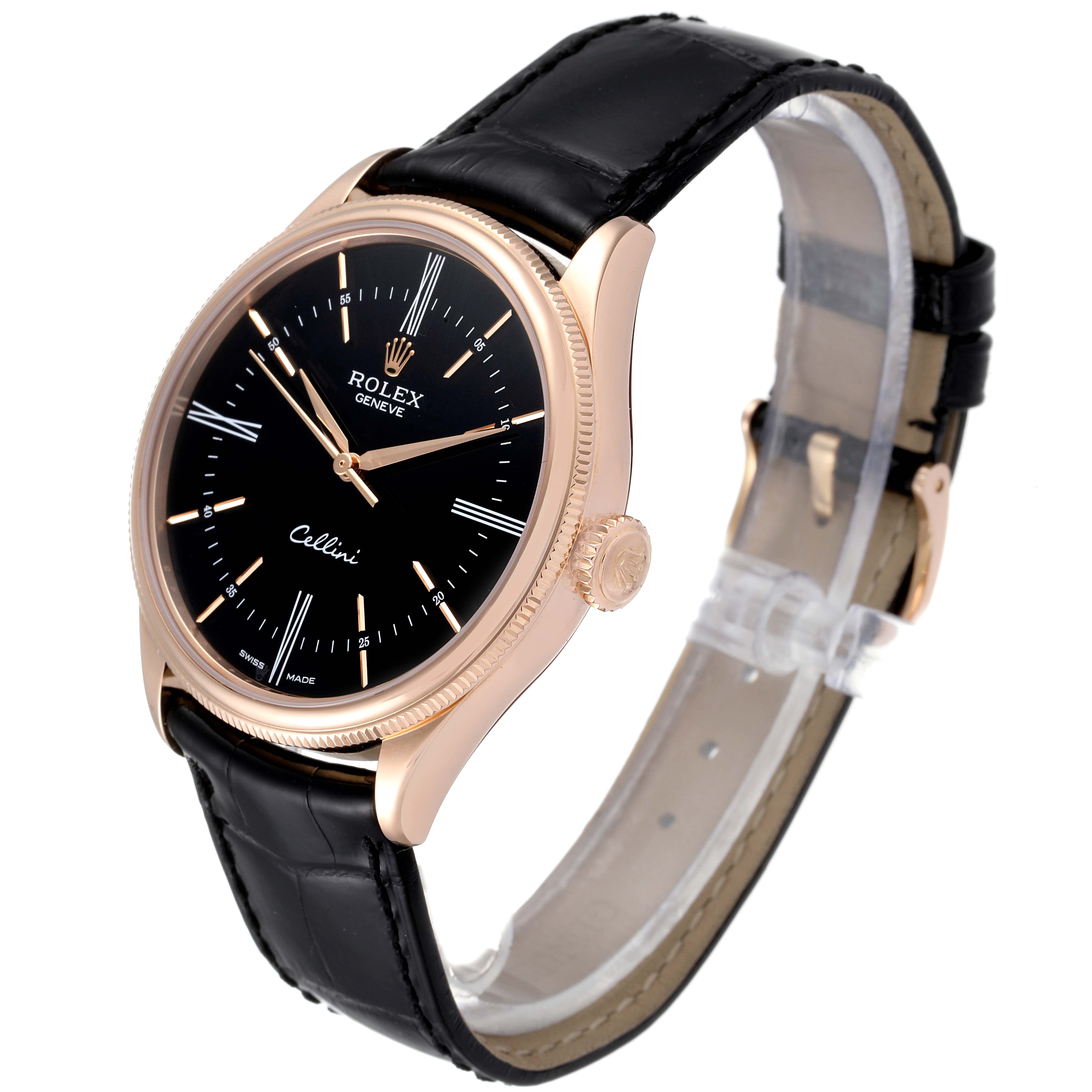 This image shows a Rolex Cellini 50505 Men's Rose Gold Black Dial 50505 Men's Rose Gold Black Dial watch at a three-quarter angle, highlighting its black dial, leather strap, and gold case.