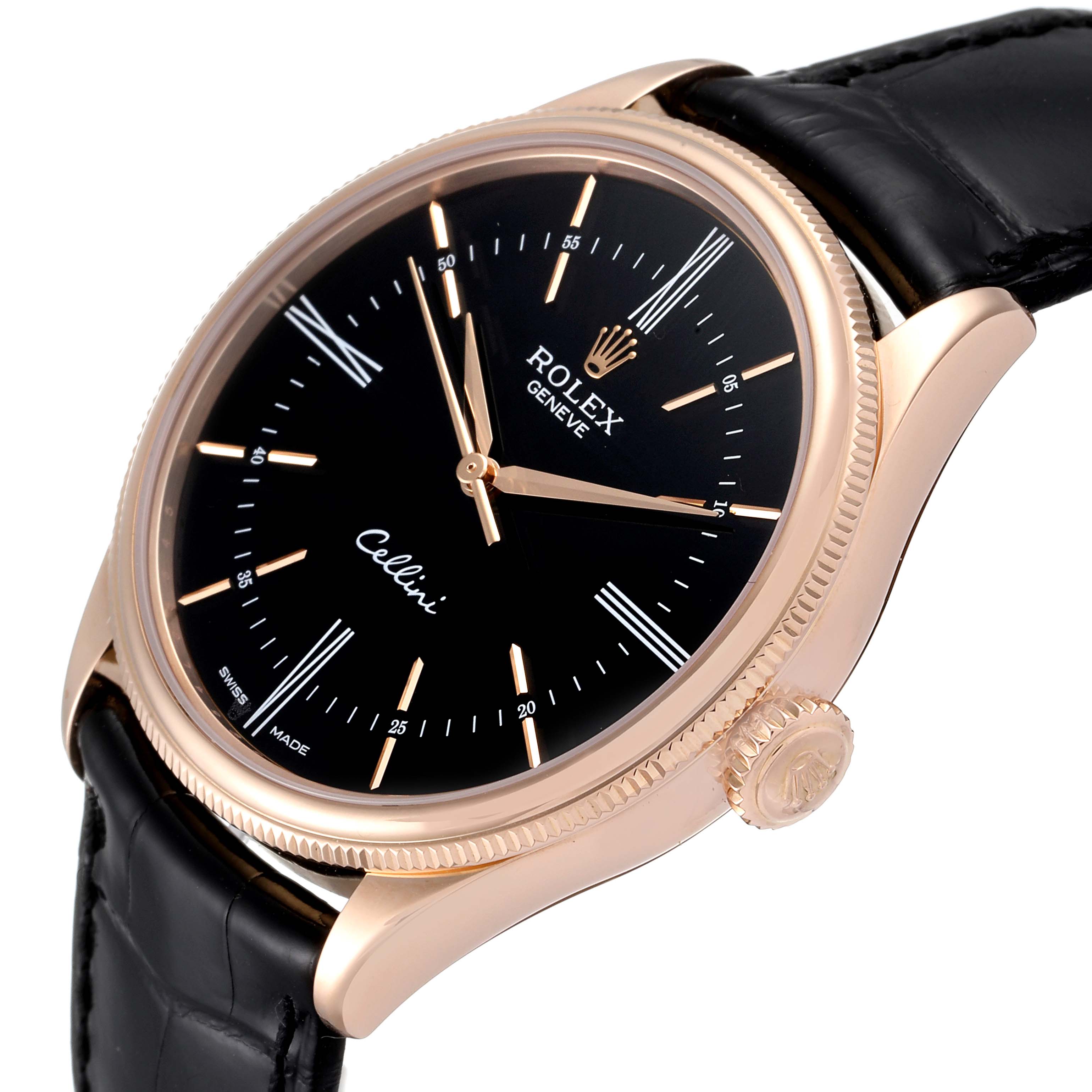 This image shows a close-up, angled view of the Rolex Cellini 50505 Men's Rose Gold Black Dial 50505 Men's Rose Gold Black Dial watch, displaying the dial, case, crown, and part of the strap.