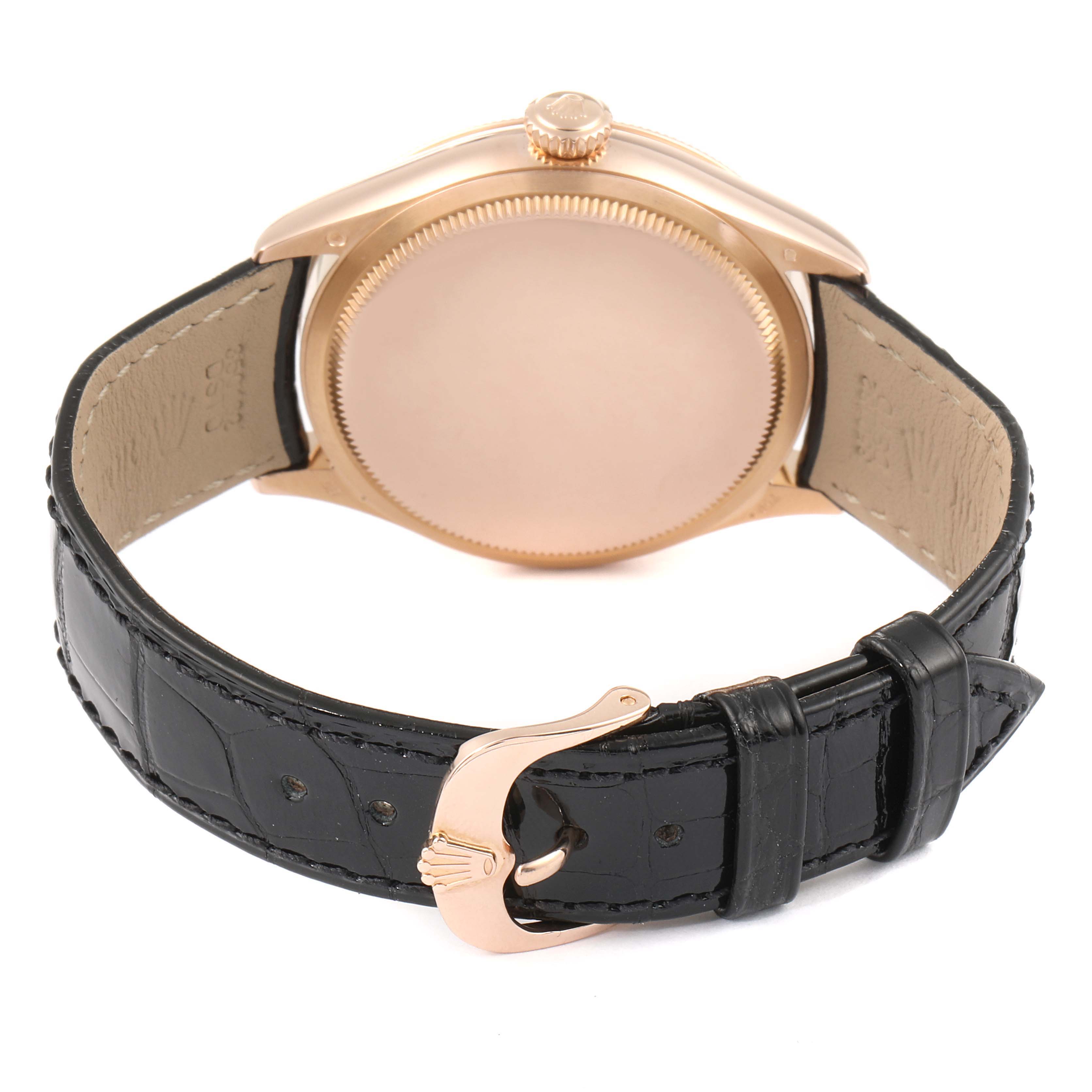 This image shows the back of the Rolex Cellini 50505 Men's Rose Gold Black Dial 50505 Men's Rose Gold Black Dial watch and its black leather strap with a gold buckle.
