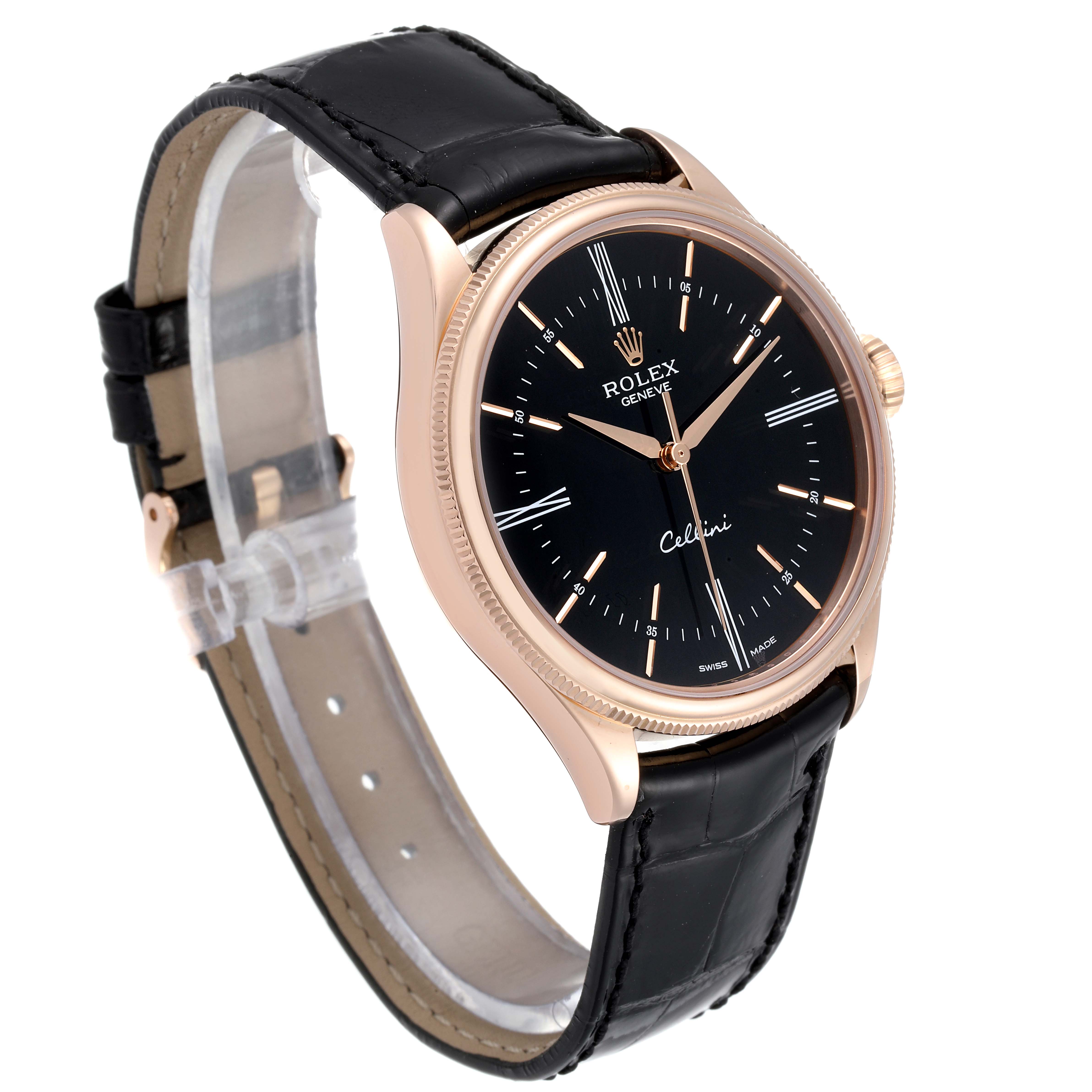 The image shows a Rolex Cellini 50505 Men's Rose Gold Black Dial 50505 Men's Rose Gold Black Dial watch from a front-left angle, highlighting the black dial, rose gold case, and black leather strap.