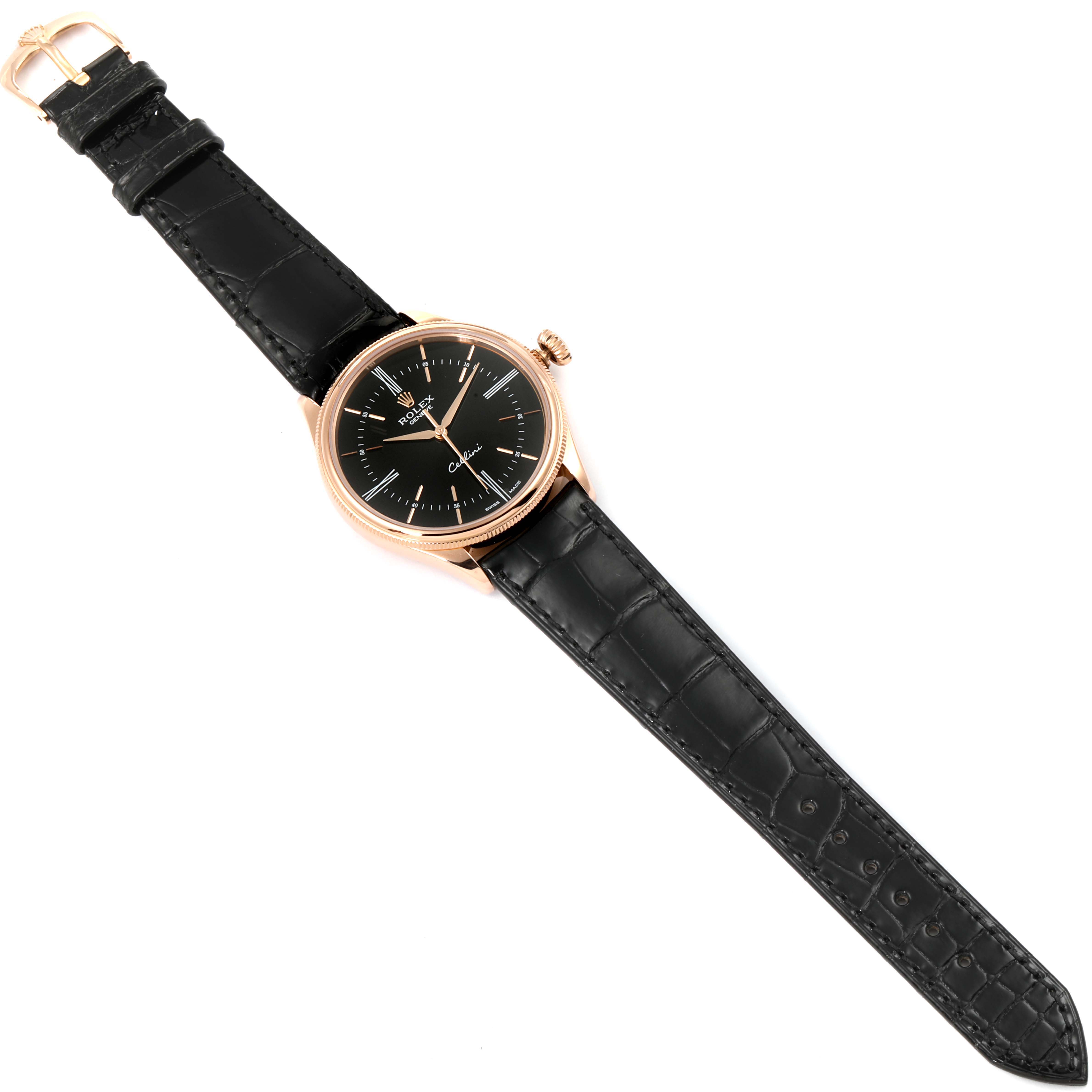 The photo shows a top-down view of a Rolex Cellini 50505 Men's Rose Gold Black Dial 50505 Men's Rose Gold Black Dial watch with a black leather strap and rose gold casing.
