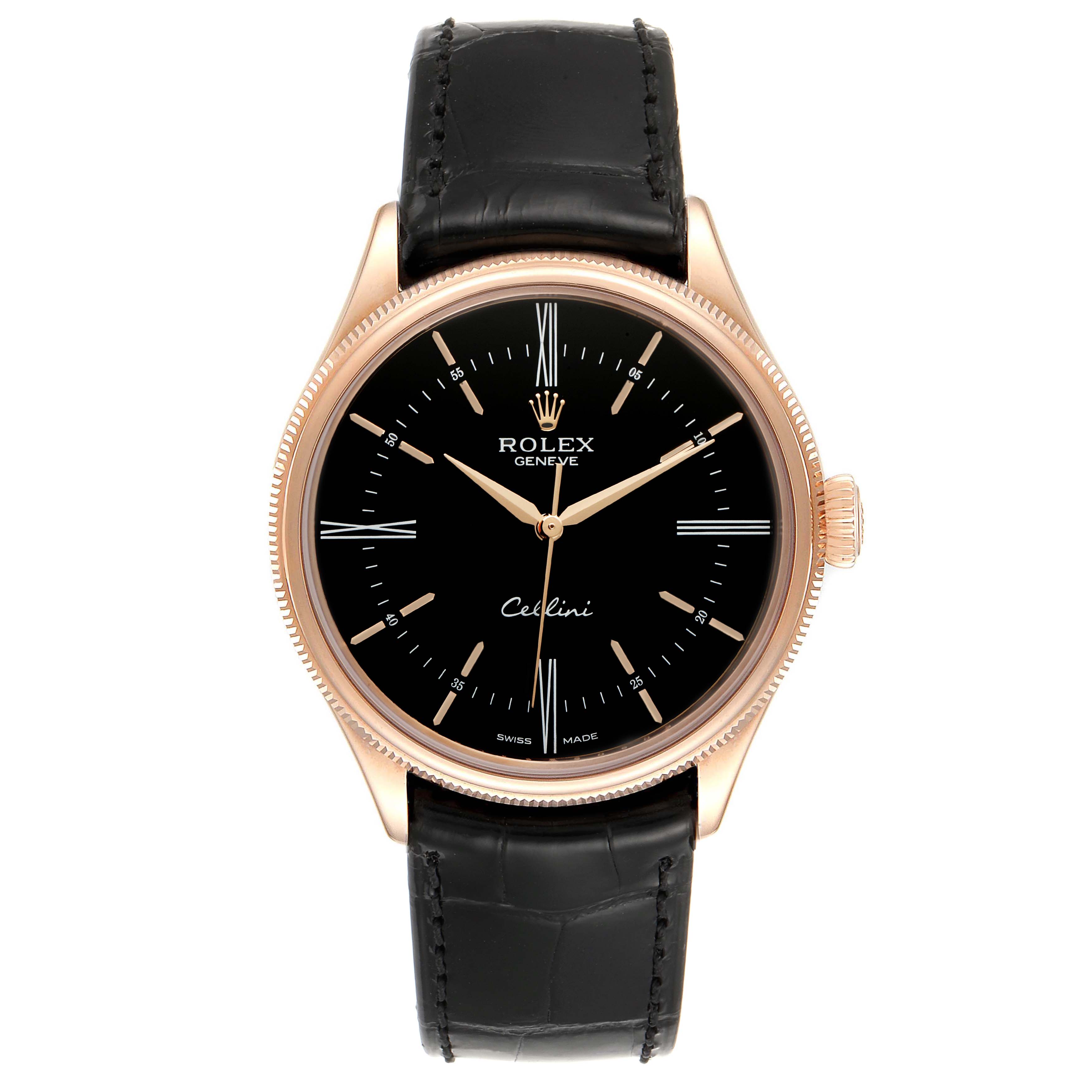 The Rolex Cellini 50505 Men's Rose Gold Black Dial 50505 Men's Rose Gold Black Dial watch is shown from a front angle, highlighting the black dial, rose gold case, and black leather strap.