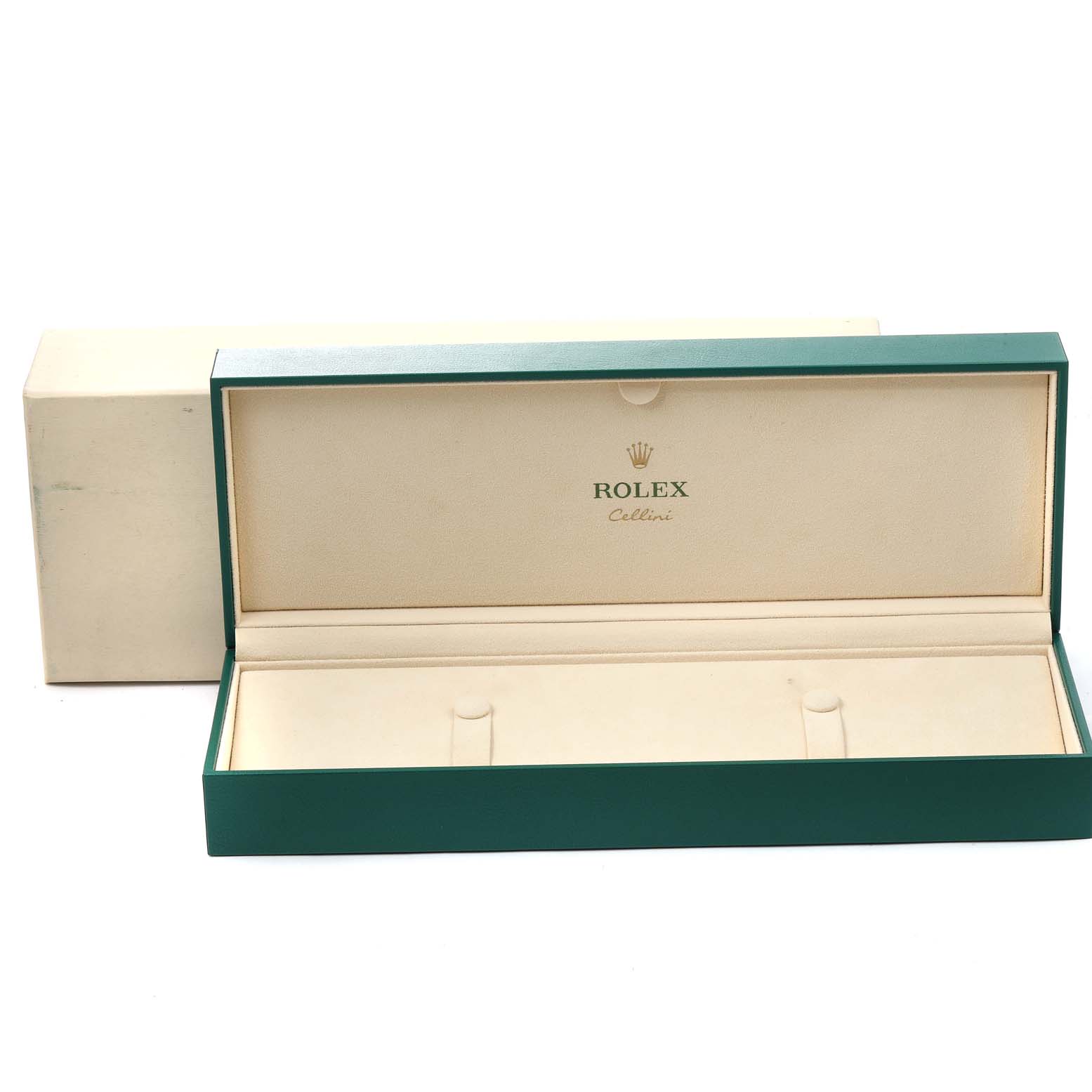 This image shows an open Rolex Cellini 50505 Men's Rose Gold Black Dial 50505 Men's Rose Gold Black Dial watch box with beige interior and green exterior, viewed from the front angle.
