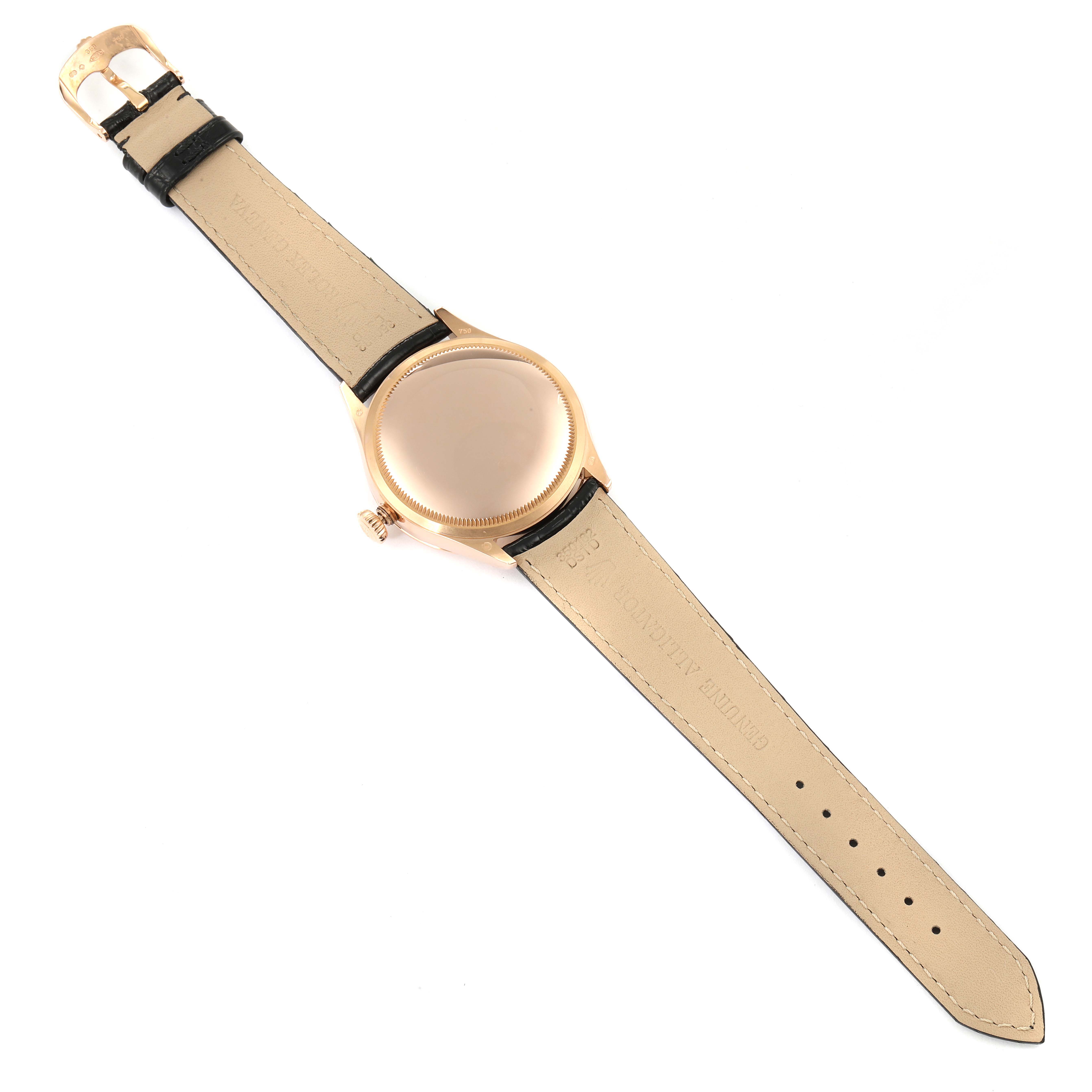 The image shows the back view of a Rolex Cellini 50505 Men's Rose Gold Black Dial 50505 Men's Rose Gold Black Dial watch with a leather strap and a buckle.