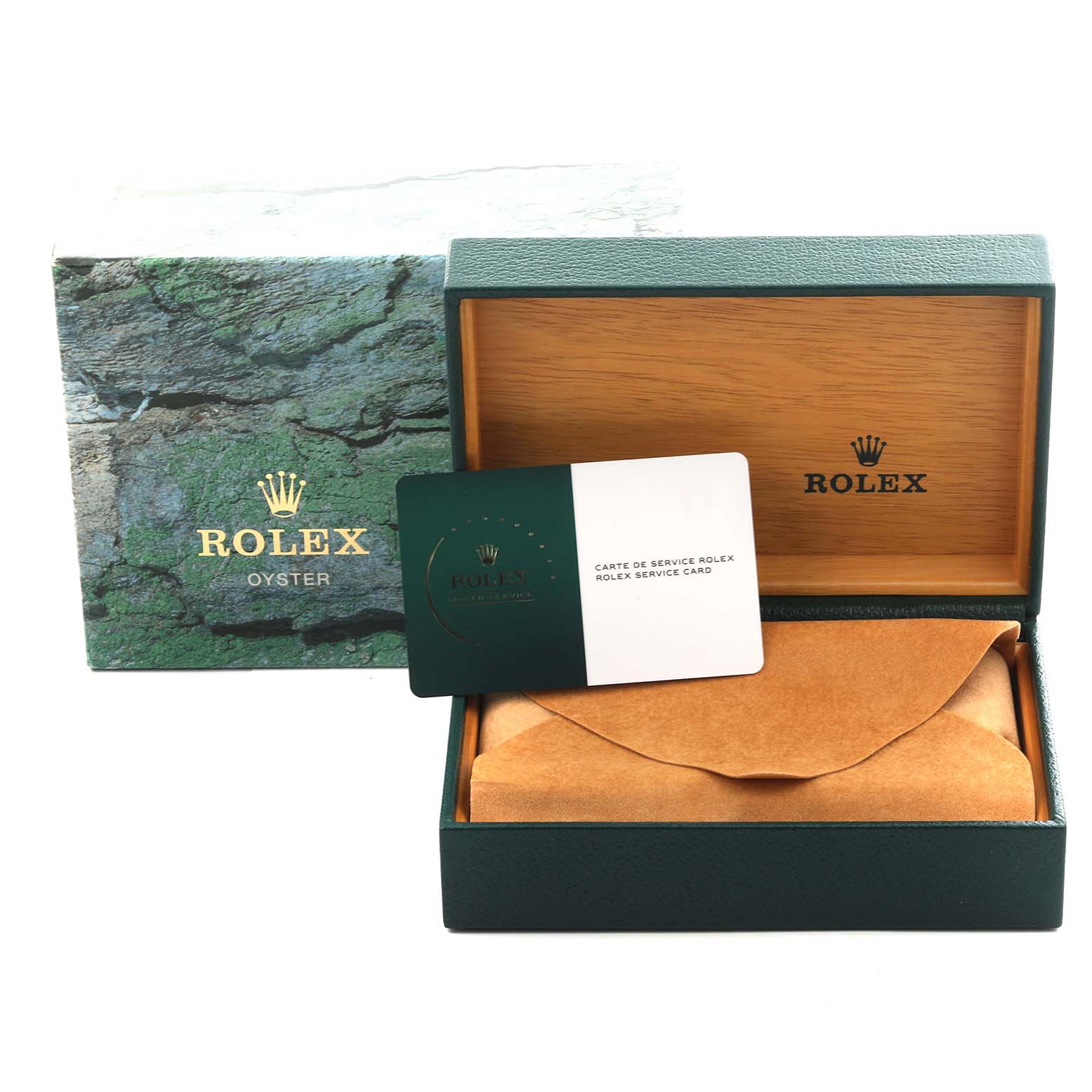 The image shows a Rolex Date 15200 Men's Stainless Steel Blue Dial 15200 Men's Stainless Steel Blue Dial model watch box and packaging, including a service card, at a slight angle.