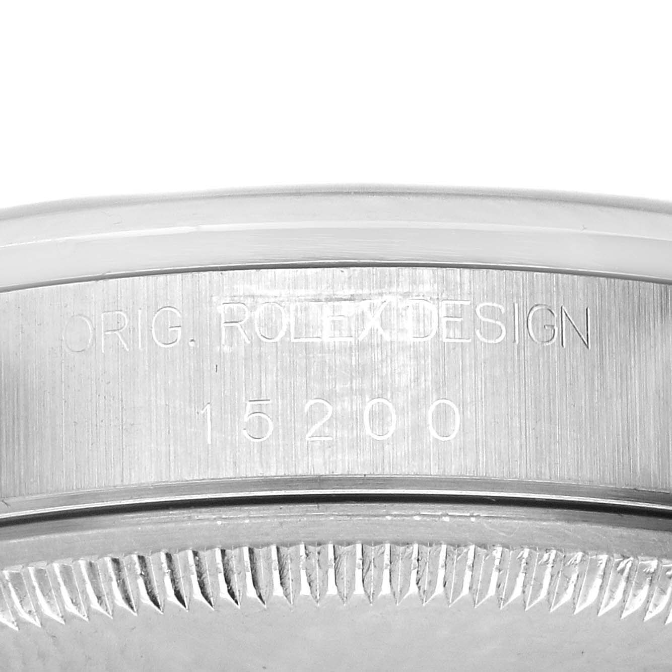 The image shows the side of a Rolex Date 15200 Men's Stainless Steel Blue Dial 15200 Men's Stainless Steel Blue Dial model, highlighting the case with engraving and part of the bezel edge.