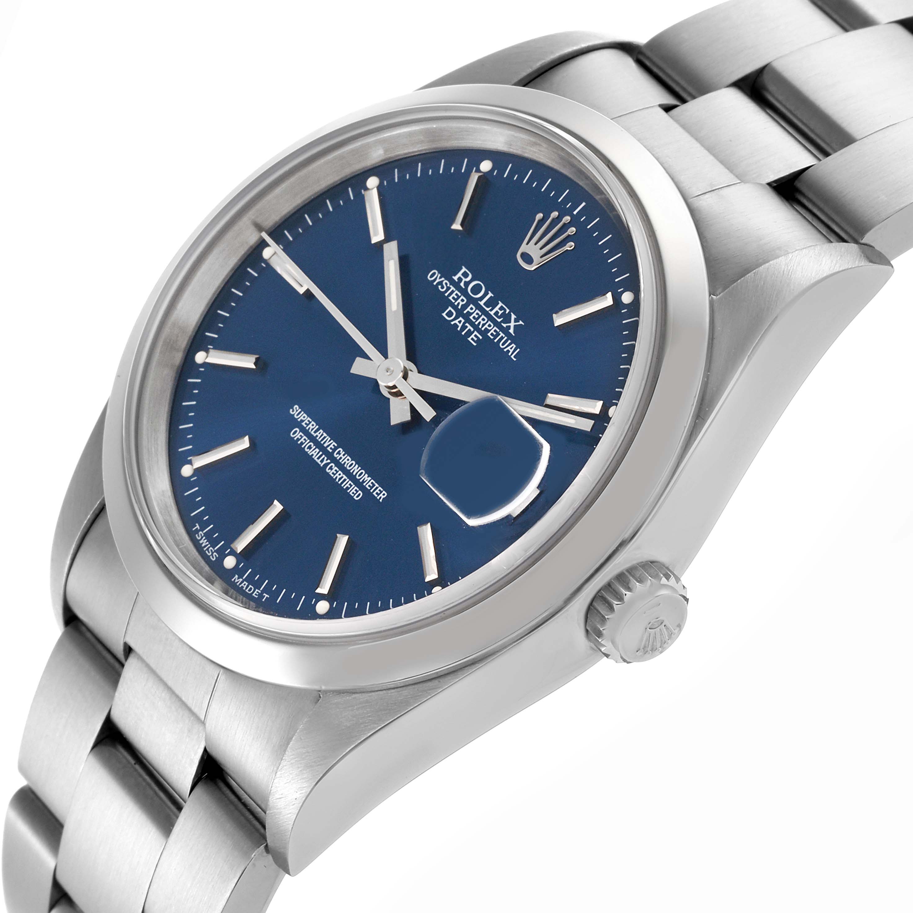 The Rolex Date 15200 Men's Stainless Steel Blue Dial 15200 Men's Stainless Steel Blue Dial watch is shown from a three-quarter angle, highlighting the blue dial, stainless steel bracelet, and side crown.