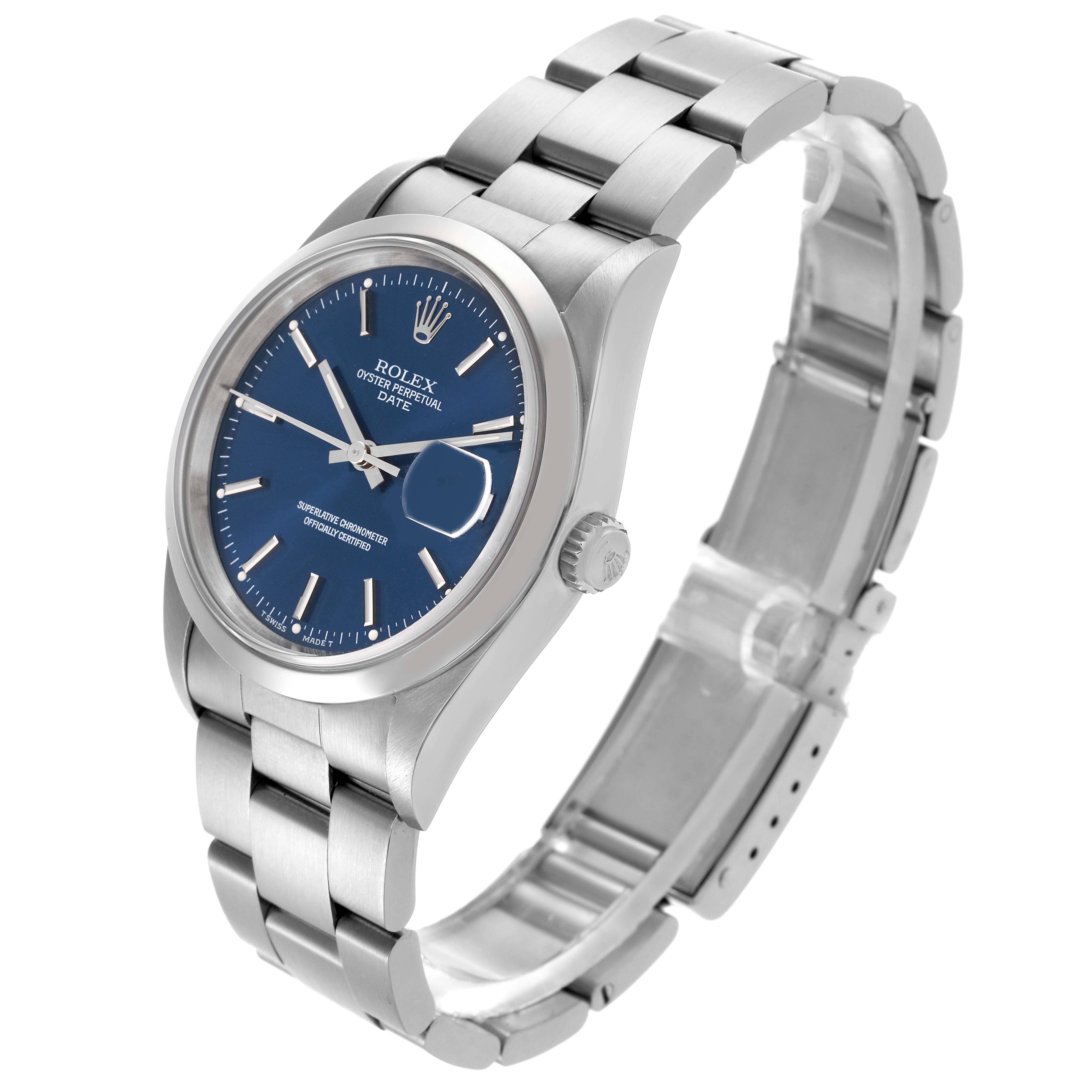The Rolex Date 15200 Men's Stainless Steel Blue Dial 15200 Men's Stainless Steel Blue Dial watch is shown at a three-quarter angle, displaying the dial, bracelet, and side crown.