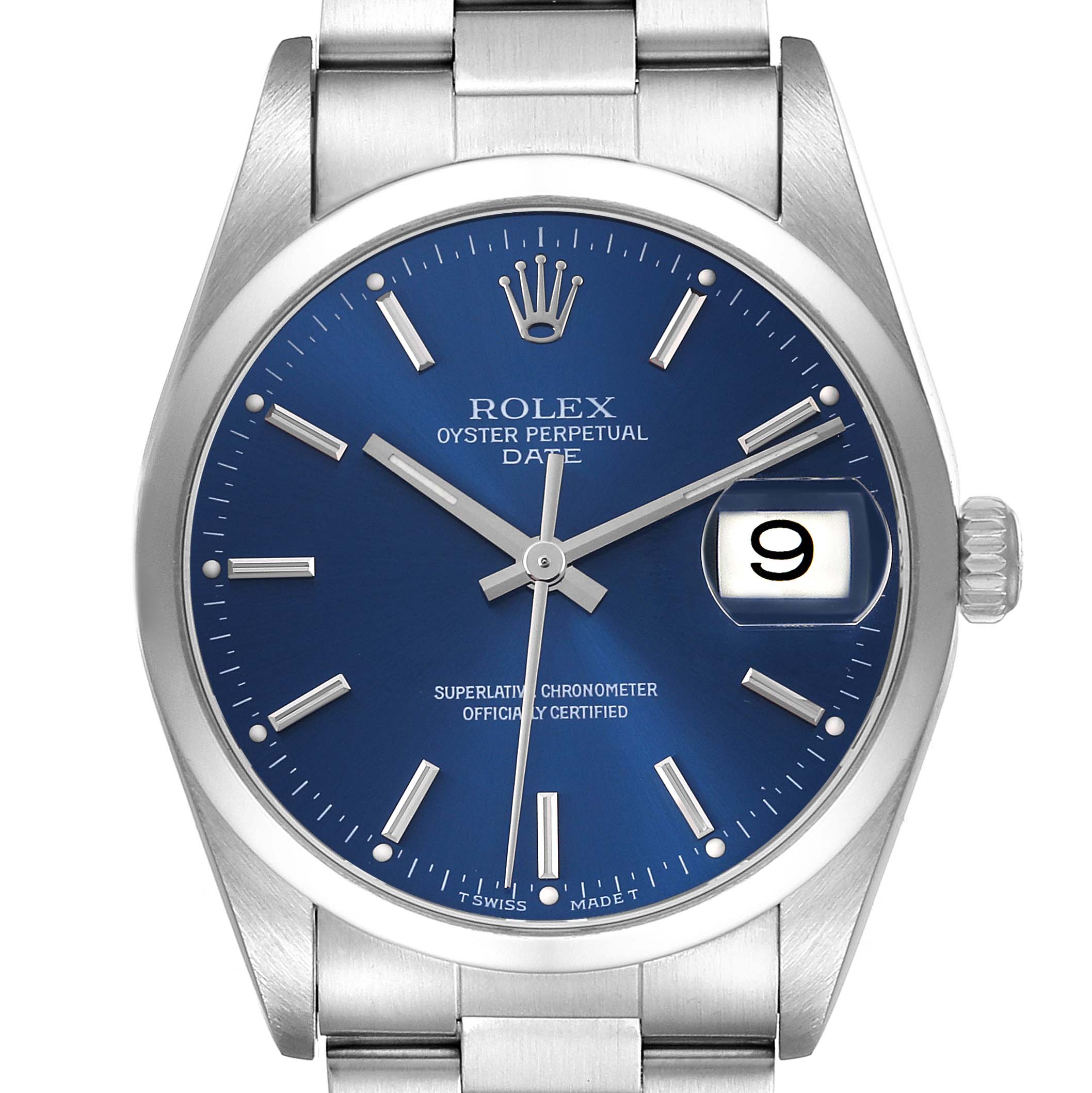 The Rolex Date 15200 Men's Stainless Steel Blue Dial 15200 Men's Stainless Steel Blue Dial watch is shown from a front angle, highlighting its blue dial, silver indices, crown, and bracelet.