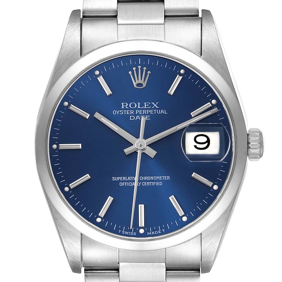 The Rolex Date watch is shown from a front angle, highlighting its blue dial, silver indices, crown, and bracelet.