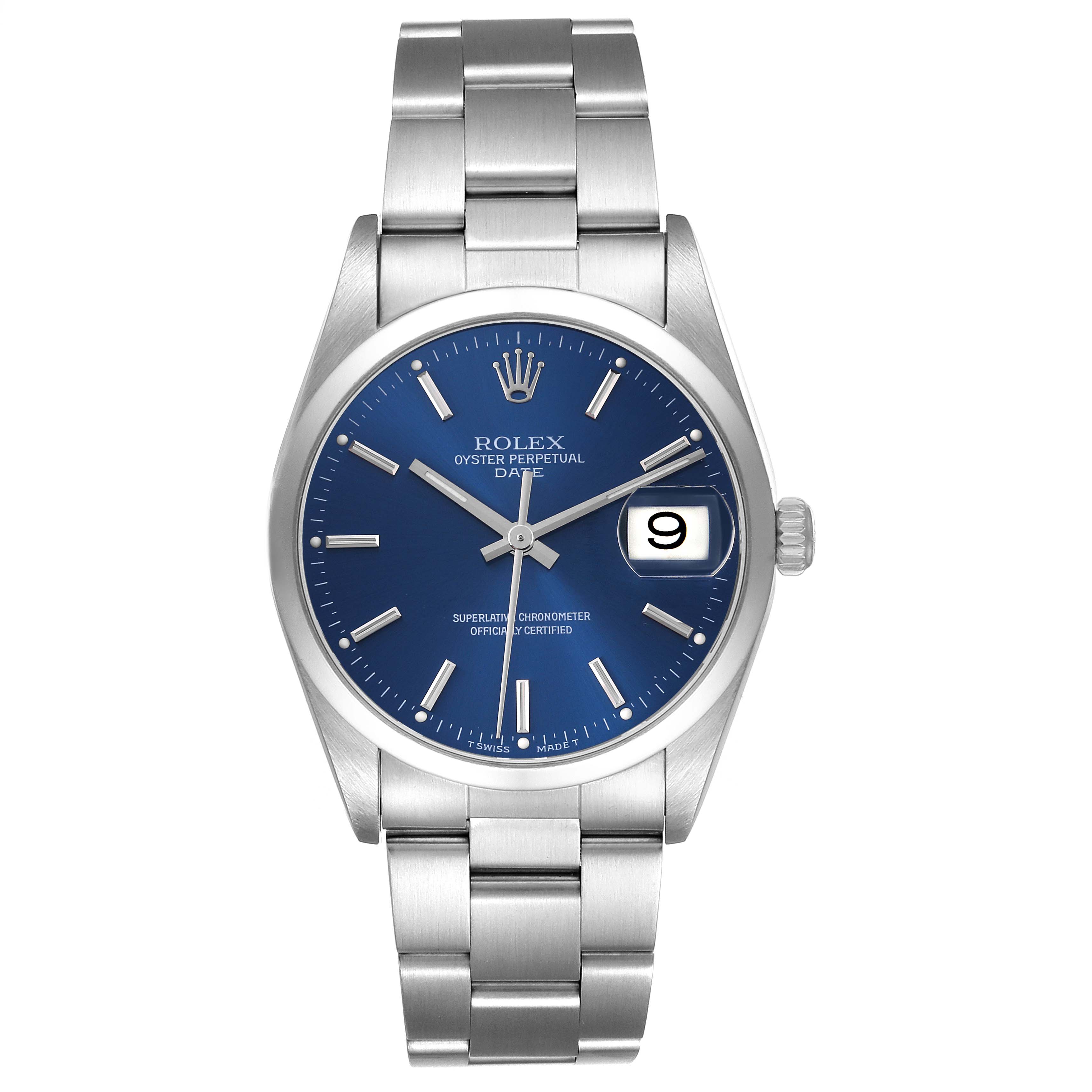 The image shows a front view of a Rolex Date 15200 Men's Stainless Steel Blue Dial 15200 Men's Stainless Steel Blue Dial watch, highlighting the dial, hands, bracelet, and date window.