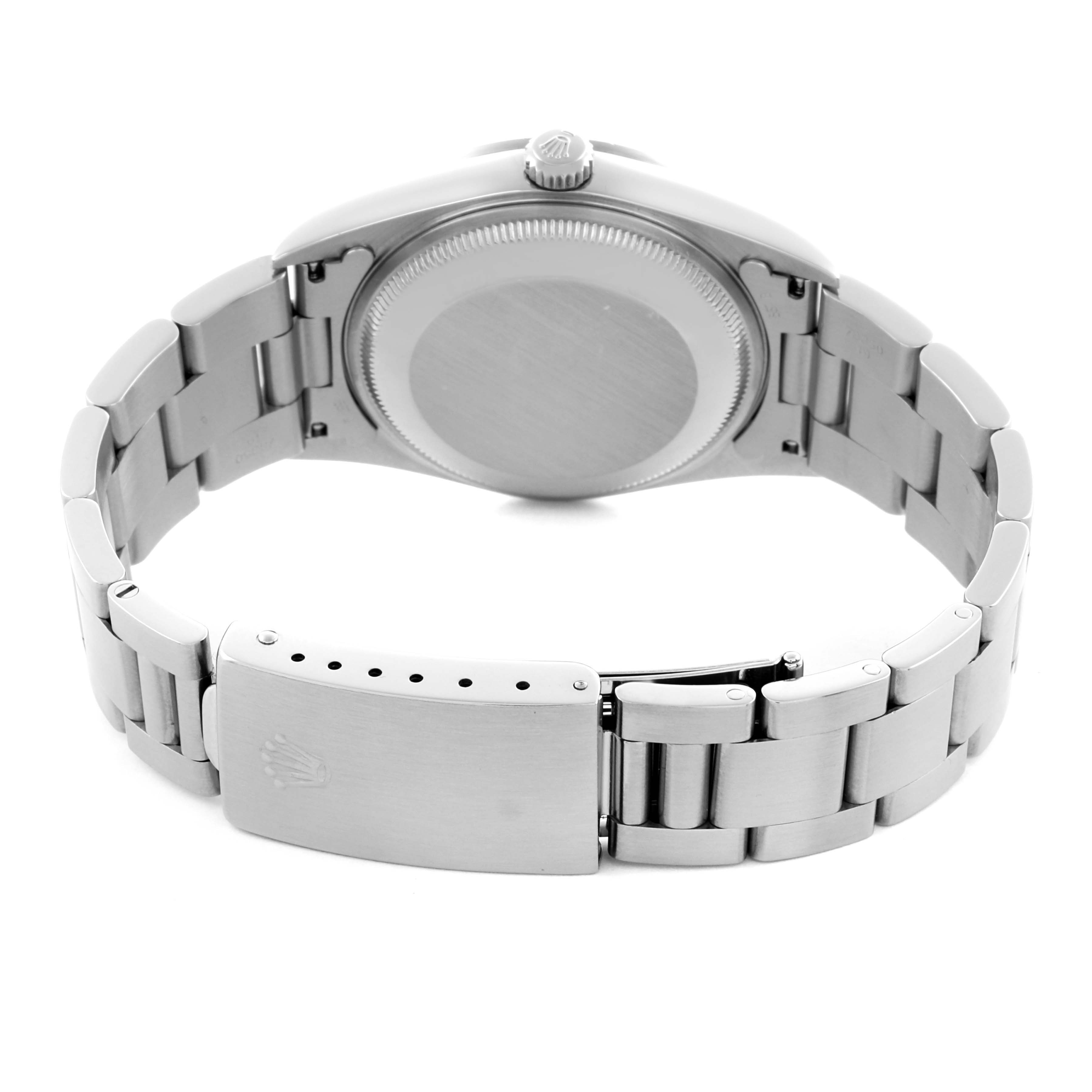 The image shows the back view of a Rolex Date 15200 Men's Stainless Steel Blue Dial 15200 Men's Stainless Steel Blue Dial model, highlighting the case back and metal bracelet with its clasp.